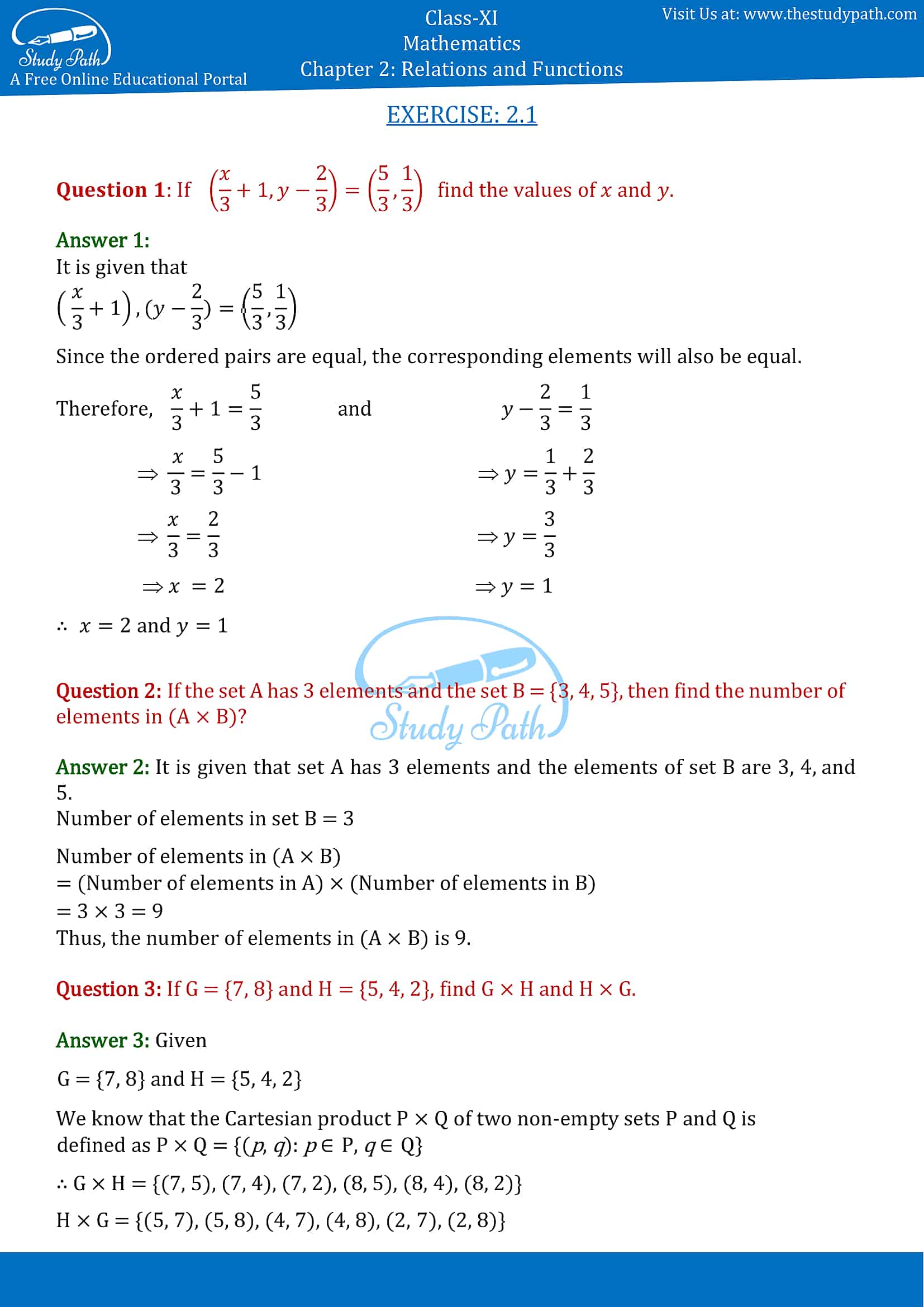 NCERT Solutions for Class 11 Maths Chapter 2 Relations and Functions Exercise 2.1