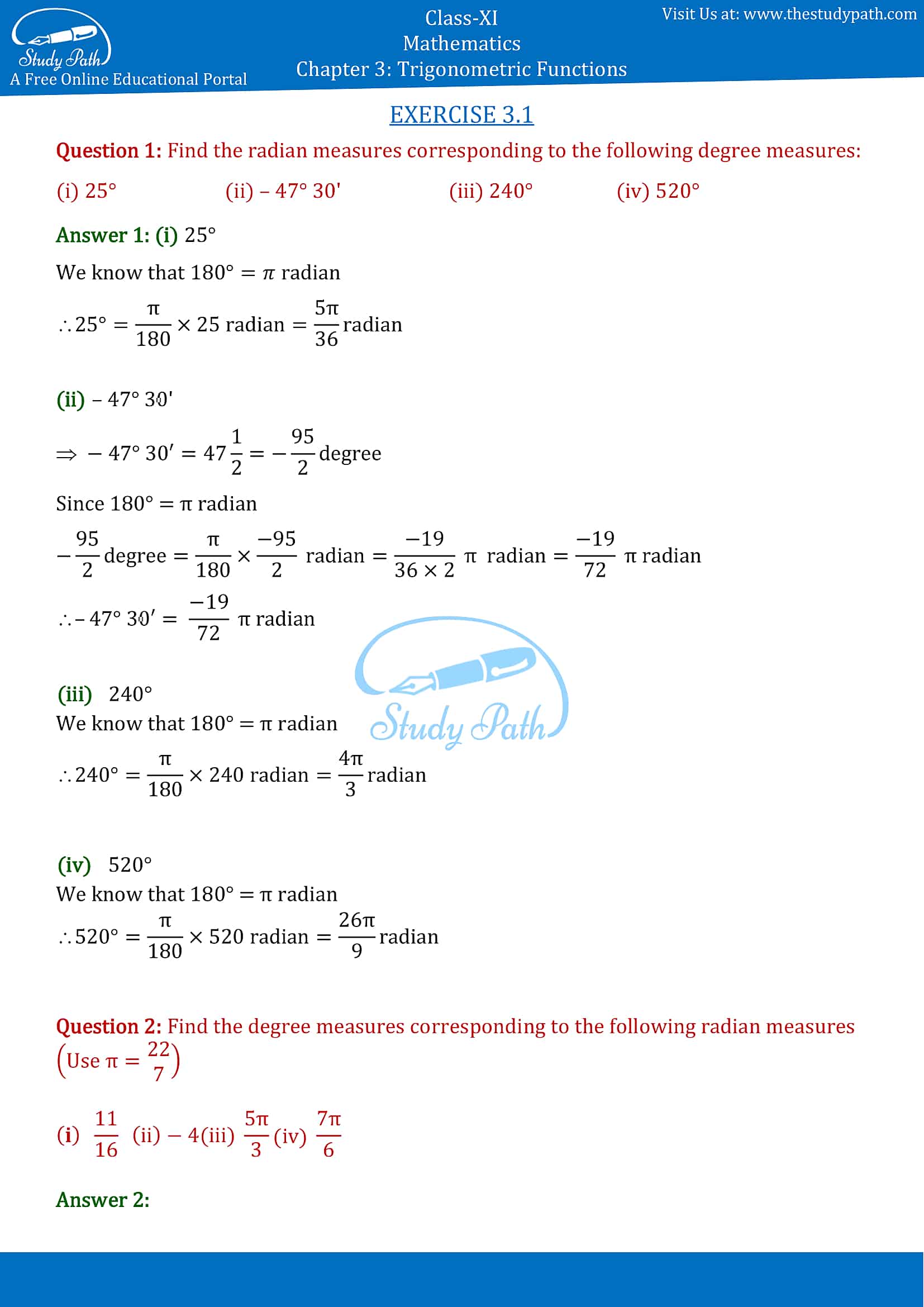 NCERT Solutions for Class 11 Maths Chapter 3 Trigonometric Functions Exercise 3.1