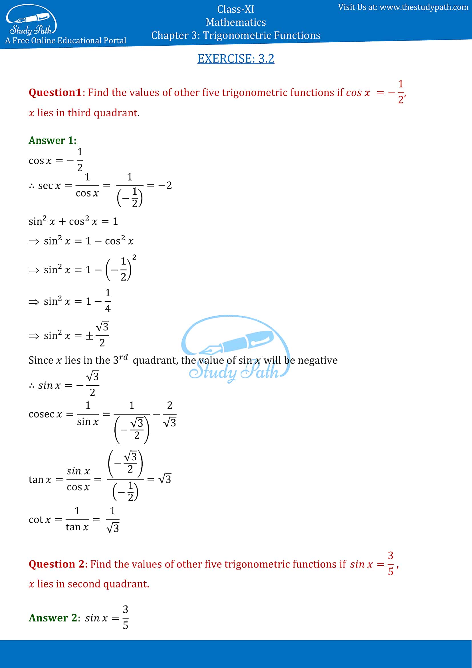NCERT Solutions for Class 11 Maths Chapter 3 Trigonometric Functions Exercise 3.2