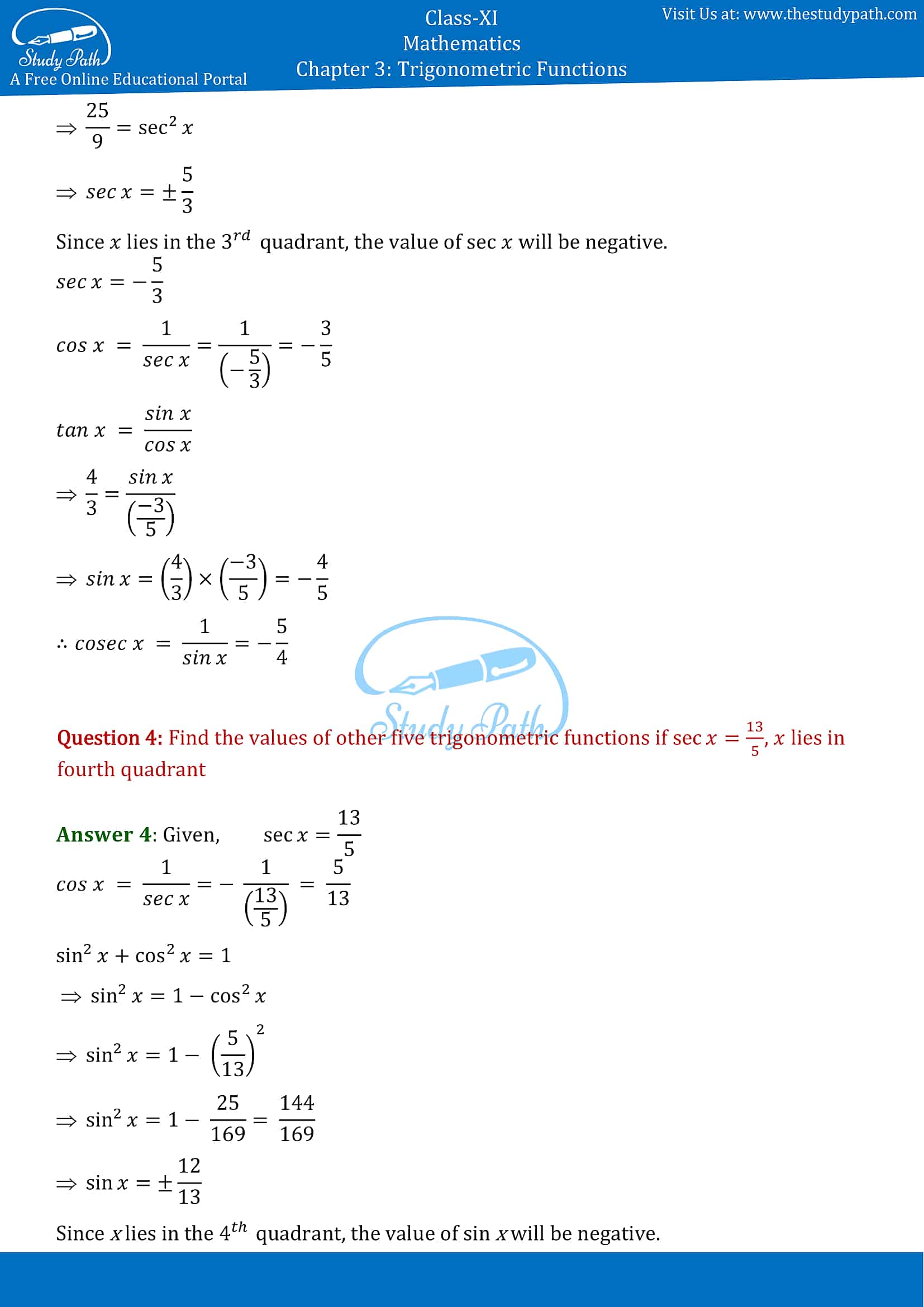 NCERT Solutions for Class 11 Maths Chapter 3 Trigonometric Functions Exercise 3.2