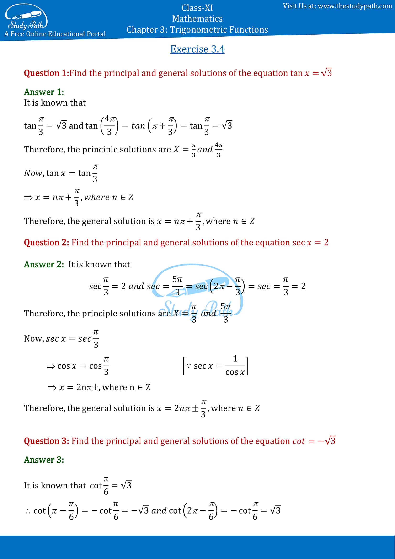NCERT Solutions for Class 11 Maths Chapter 3 Trigonometric Functions Exercise 3.4