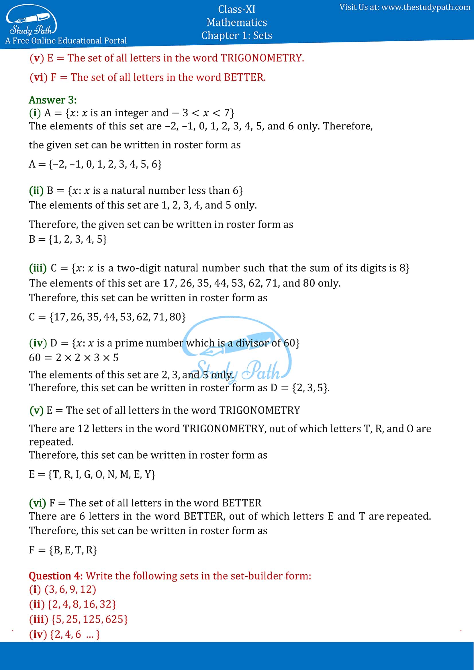 NCERT Solutions for Class 11 Maths chapter 1 sets Exercise 1.1