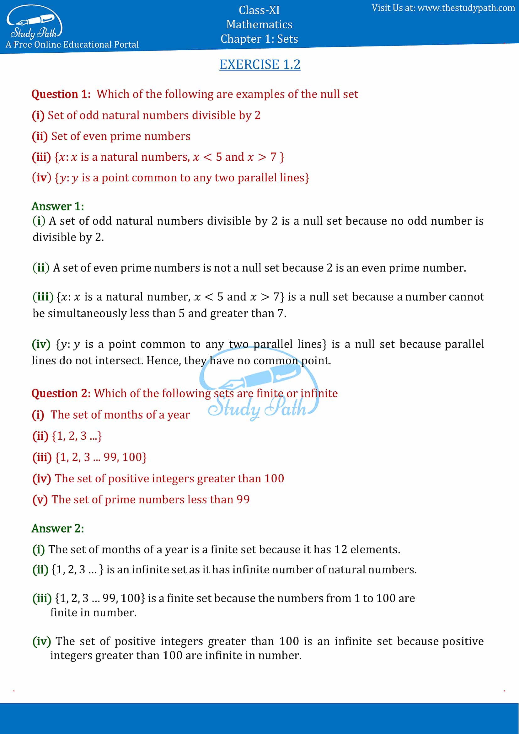 NCERT Solutions for Class 11 Maths chapter 1 sets Exercise 1.2