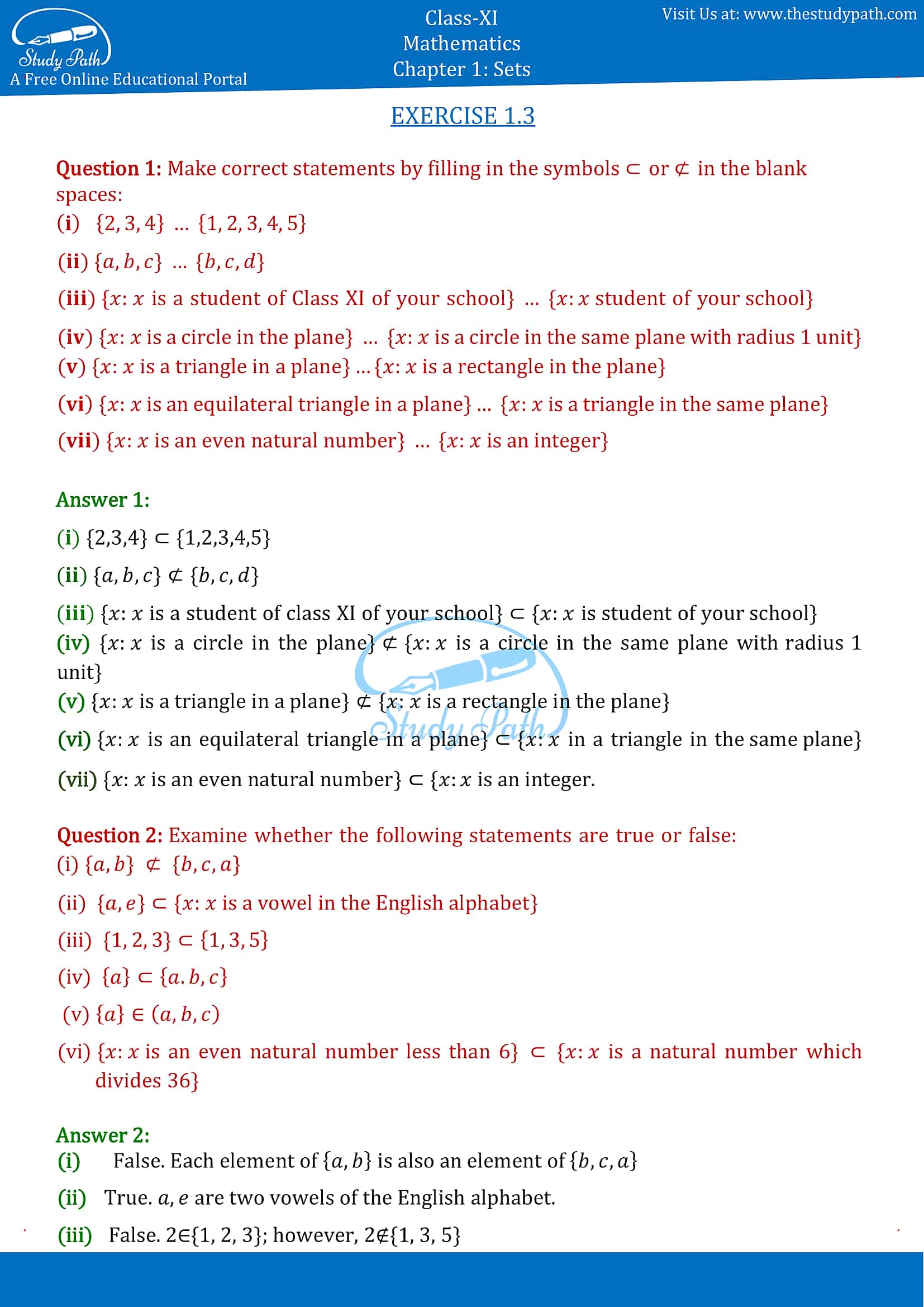 NCERT Solutions for Class 11 Maths chapter 1 sets Exercise 1.3