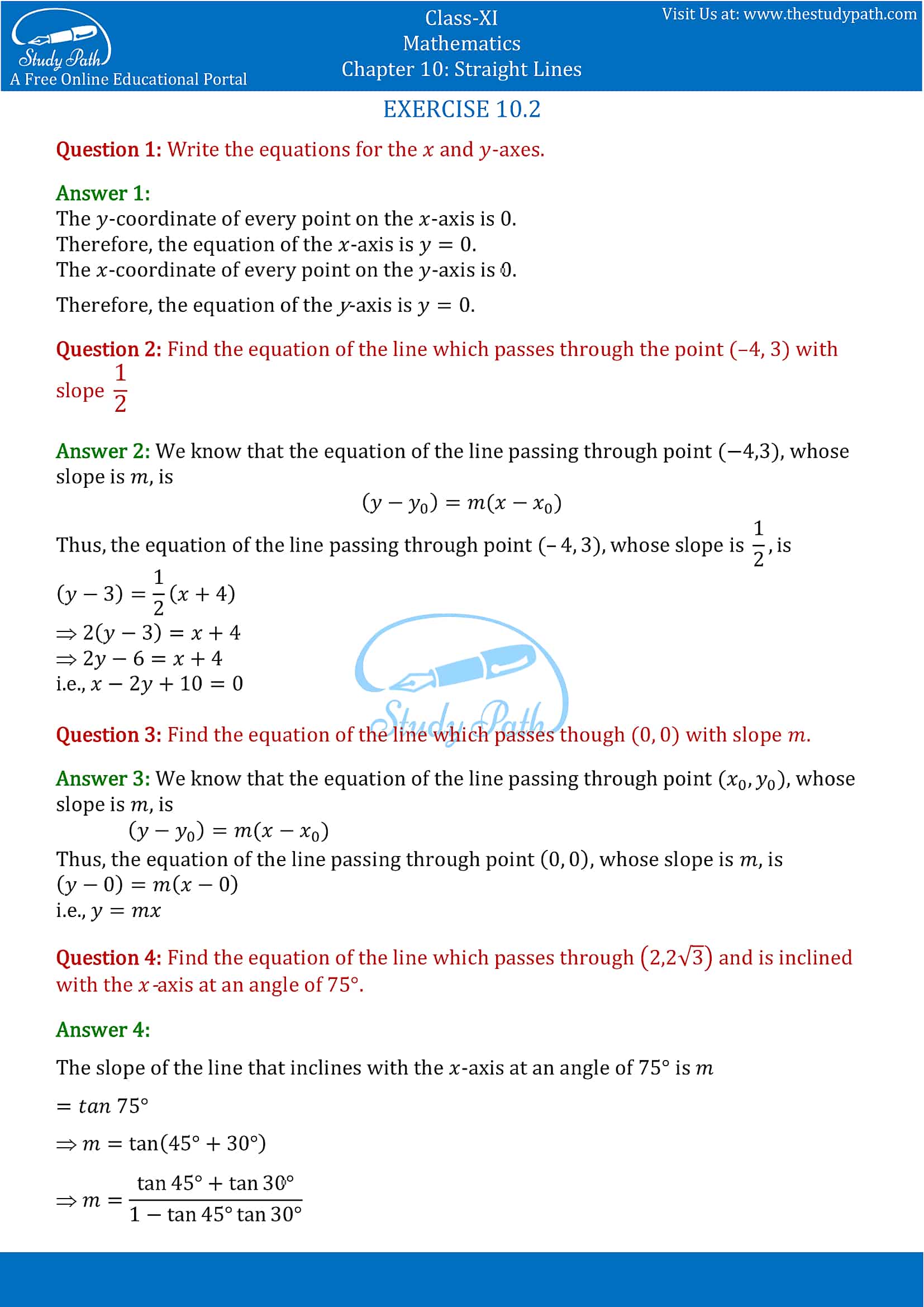 NCERT Solutions for Class 11 Maths chapter 10 Straight Lines Exercise 10.2 Part-1