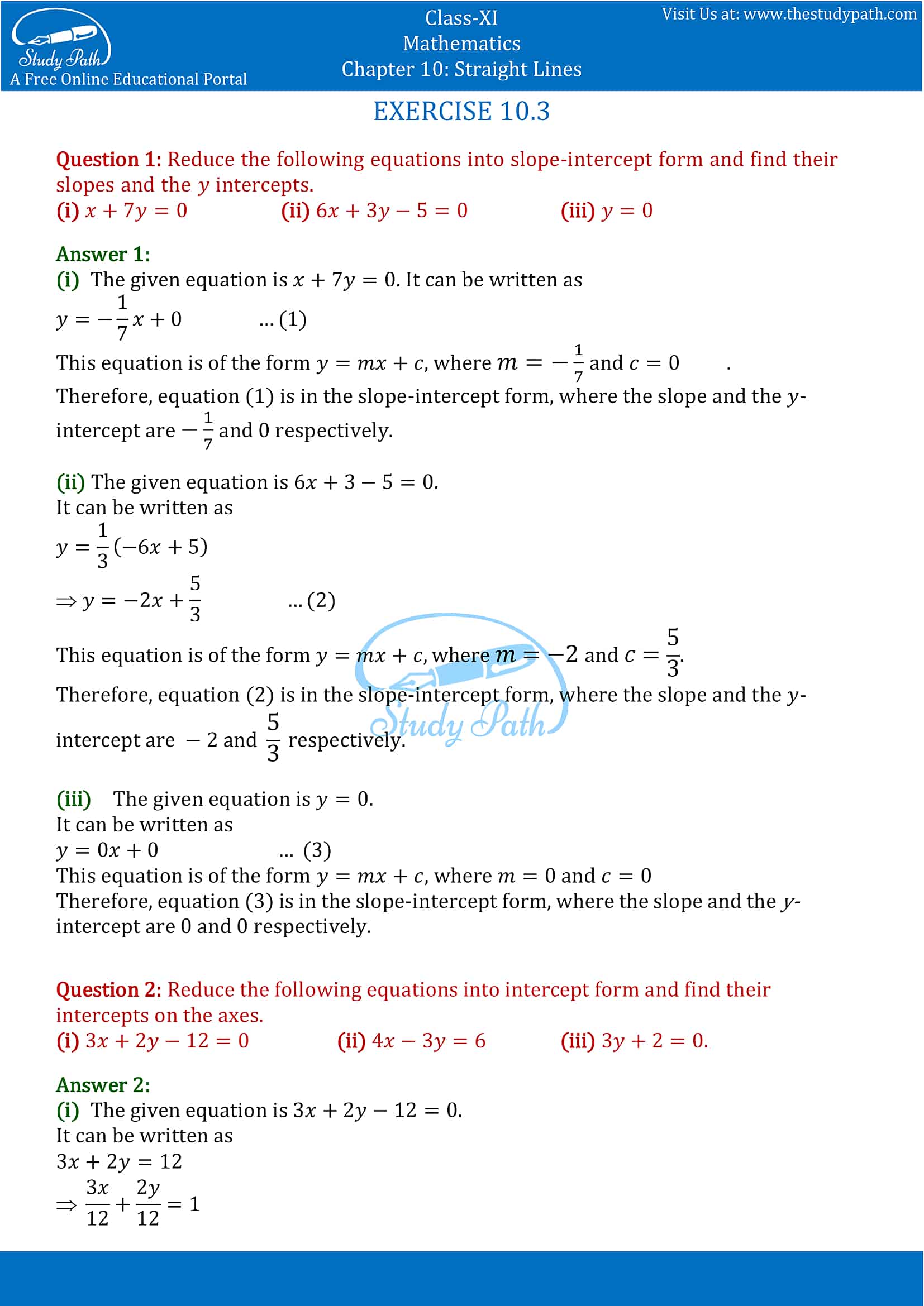 NCERT Solutions for Class 11 Maths chapter 10 Straight Lines Exercise 10.3 part-1
