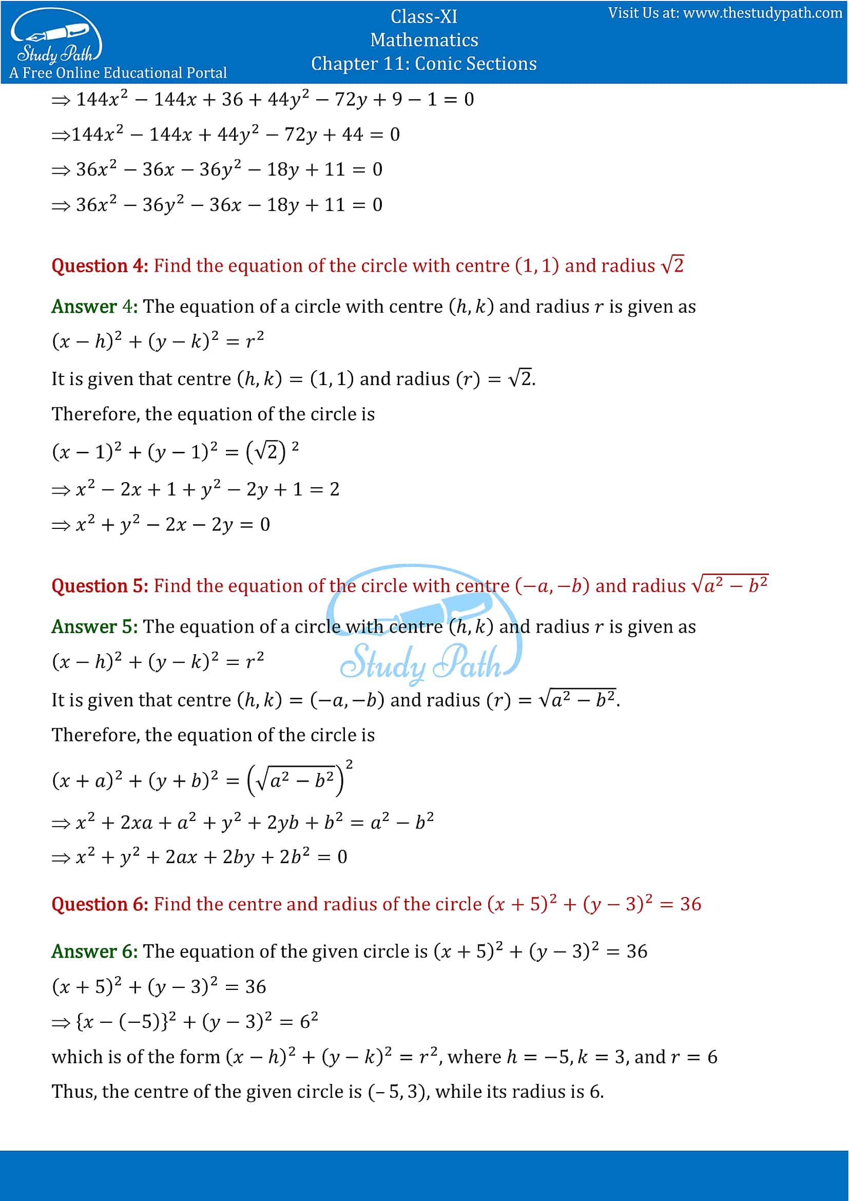 NCERT Solutions for Class 11 Maths chapter 11 Conic Section Exercise 11.1 Part-2