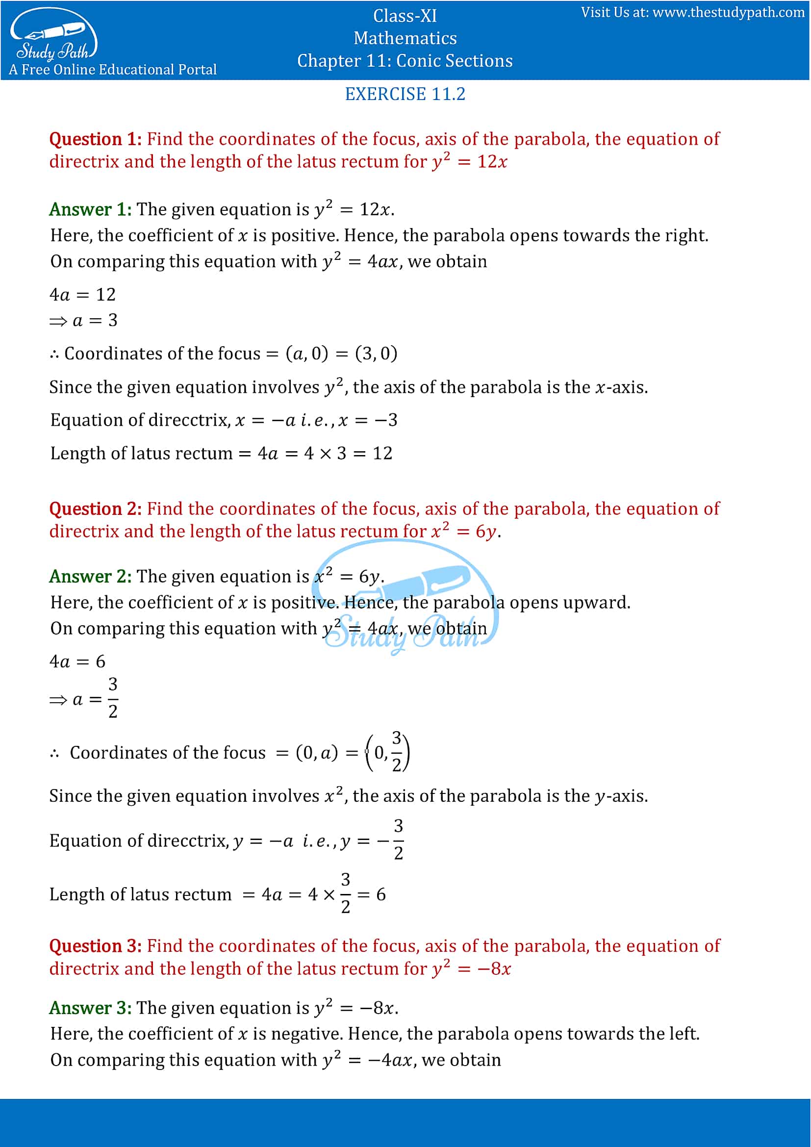 NCERT Solutions for Class 11 Maths chapter 11 Conic Section Exercise 11.2 Part-1