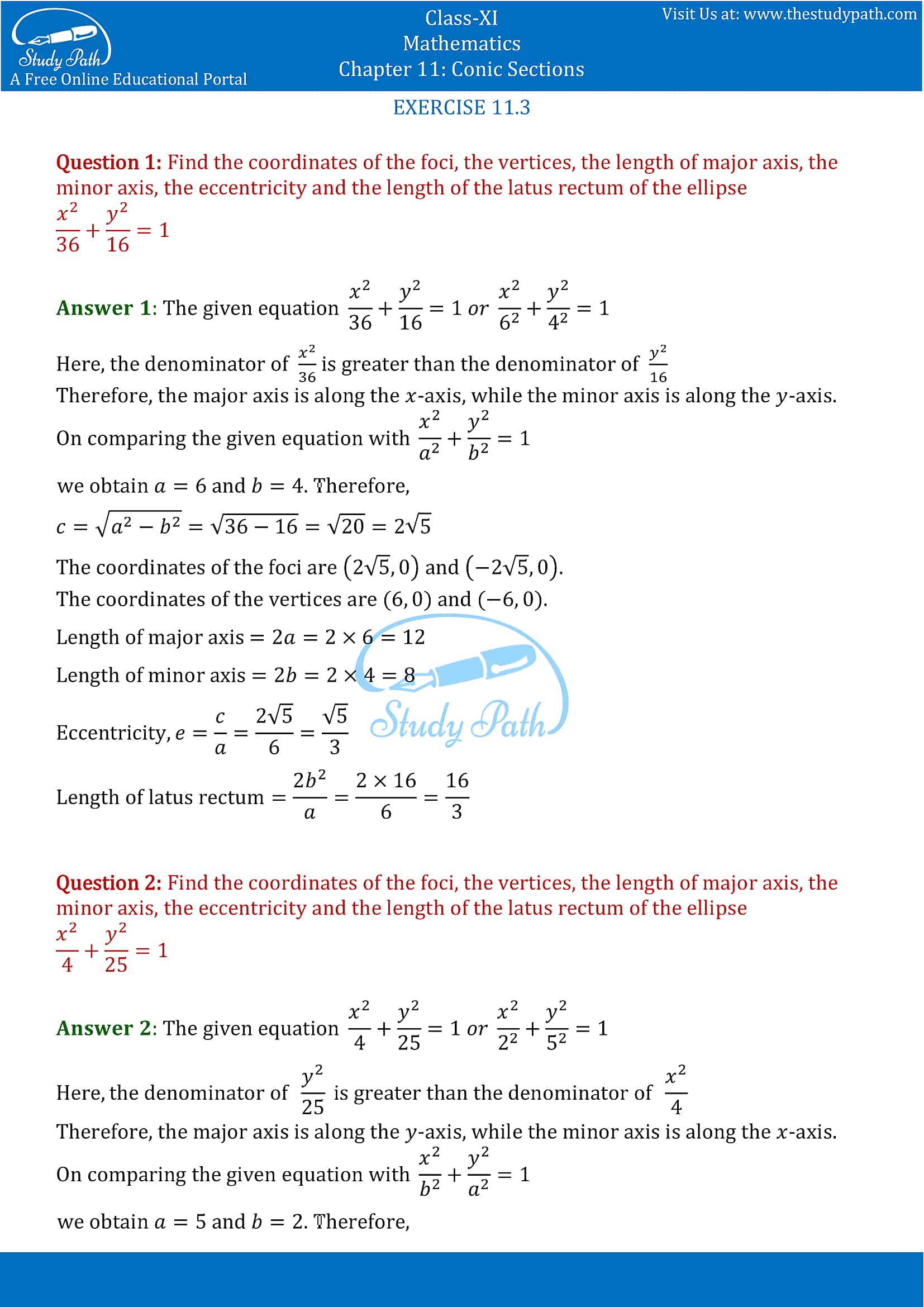 NCERT Solutions for Class 11 Maths chapter 11 Conic Section Exercise 11.3 Part-1