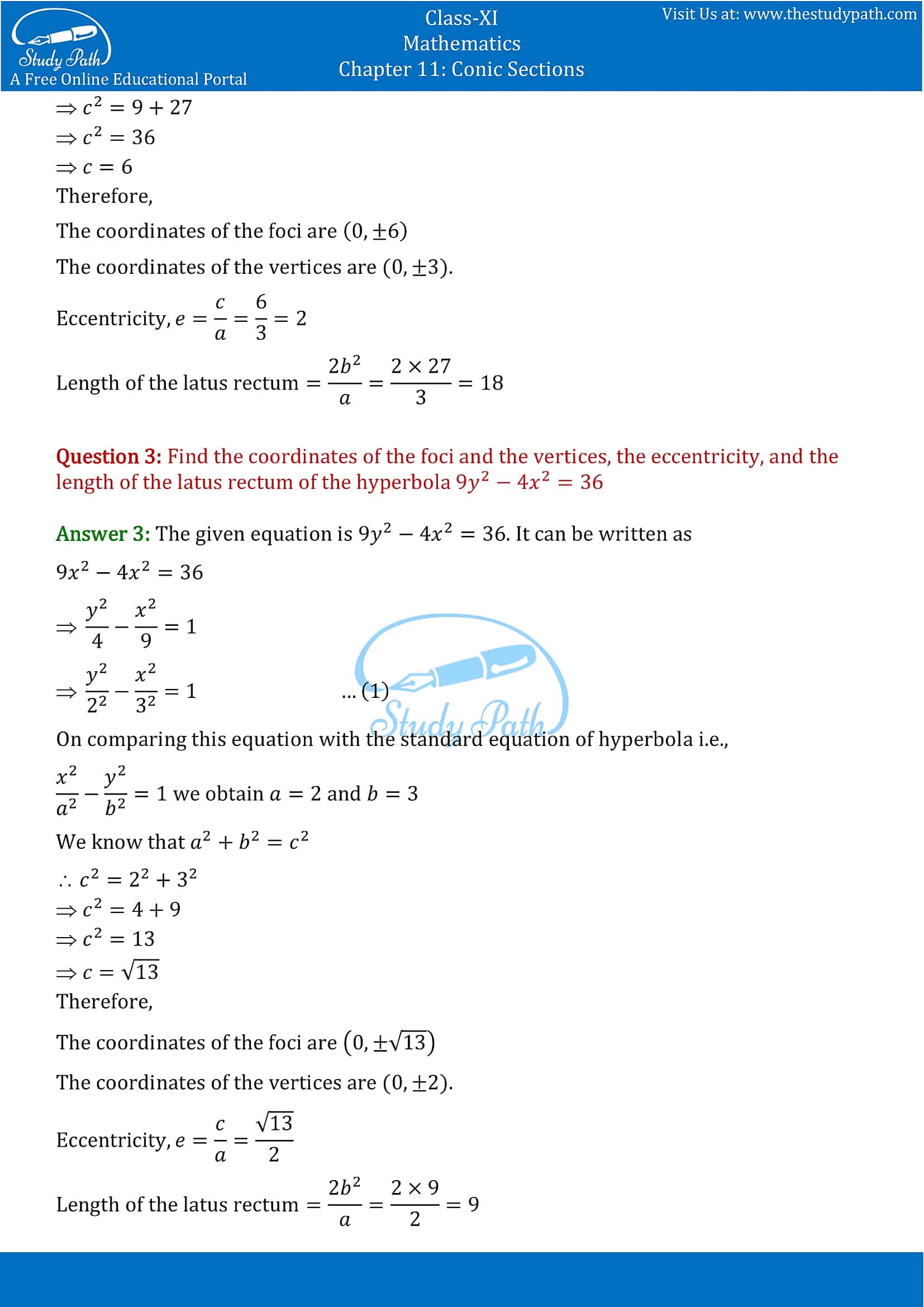 NCERT Solutions for Class 11 Maths chapter 11 Conic Section Exercise 11.4 Part-2