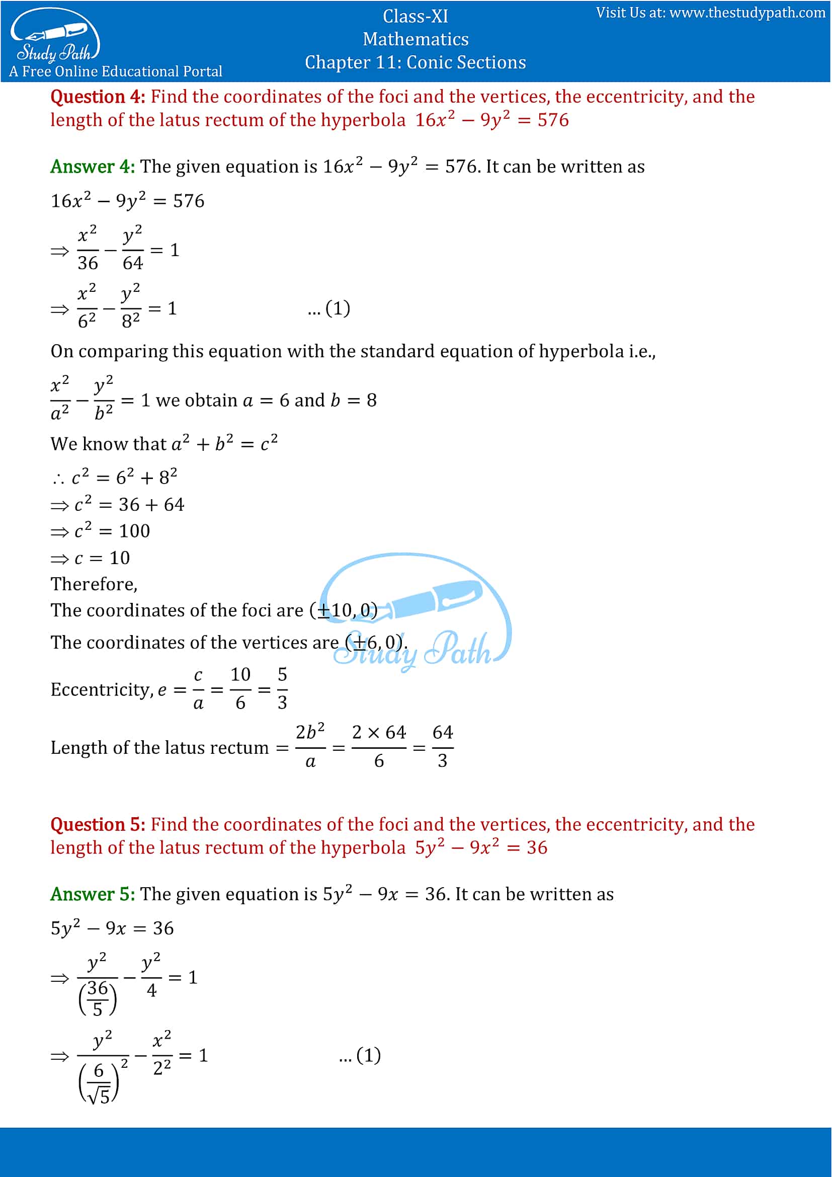 NCERT Solutions for Class 11 Maths chapter 11 Conic Section Exercise 11.4 Part-3
