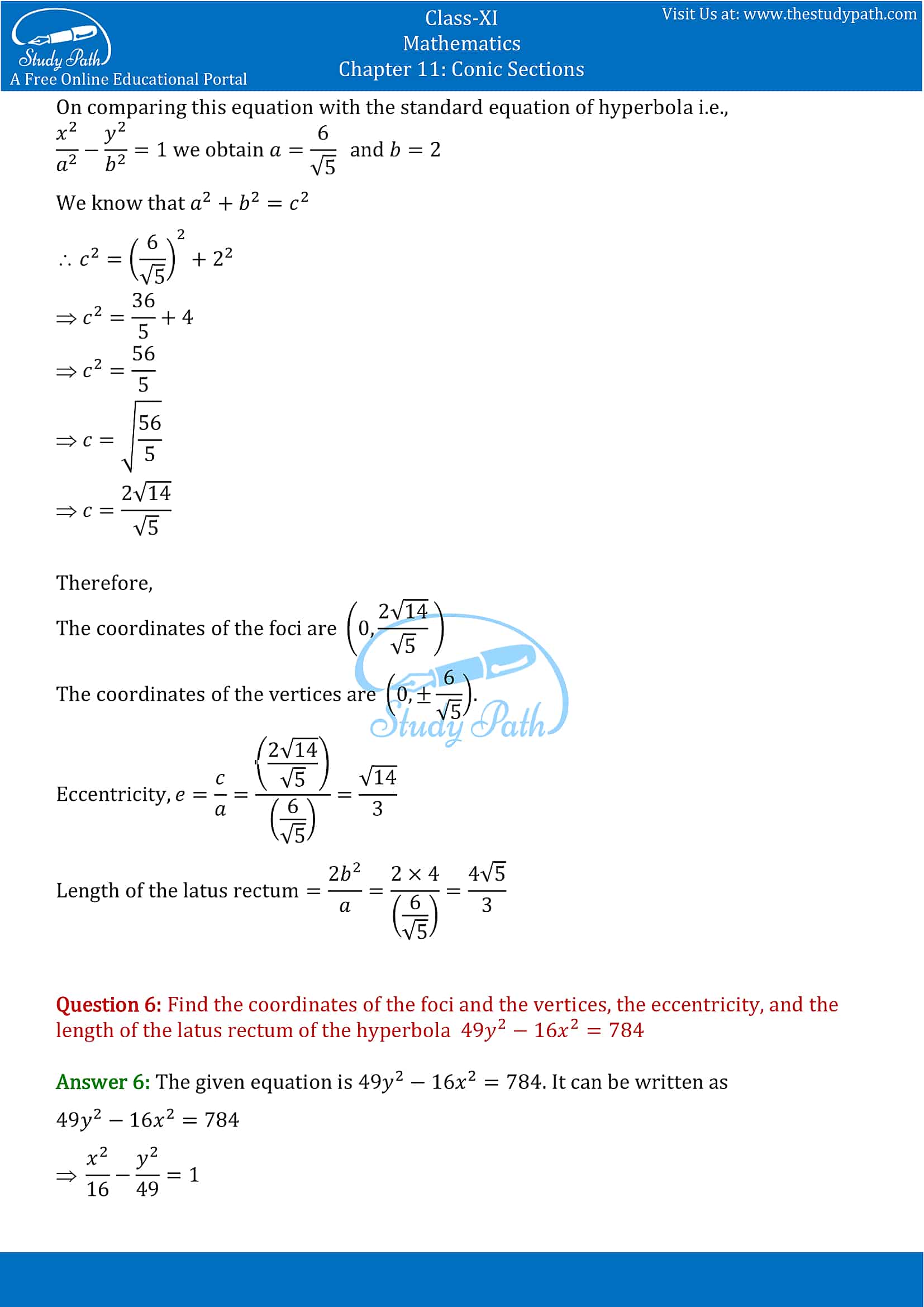 NCERT Solutions for Class 11 Maths chapter 11 Conic Section Exercise 11.4 Part-4
