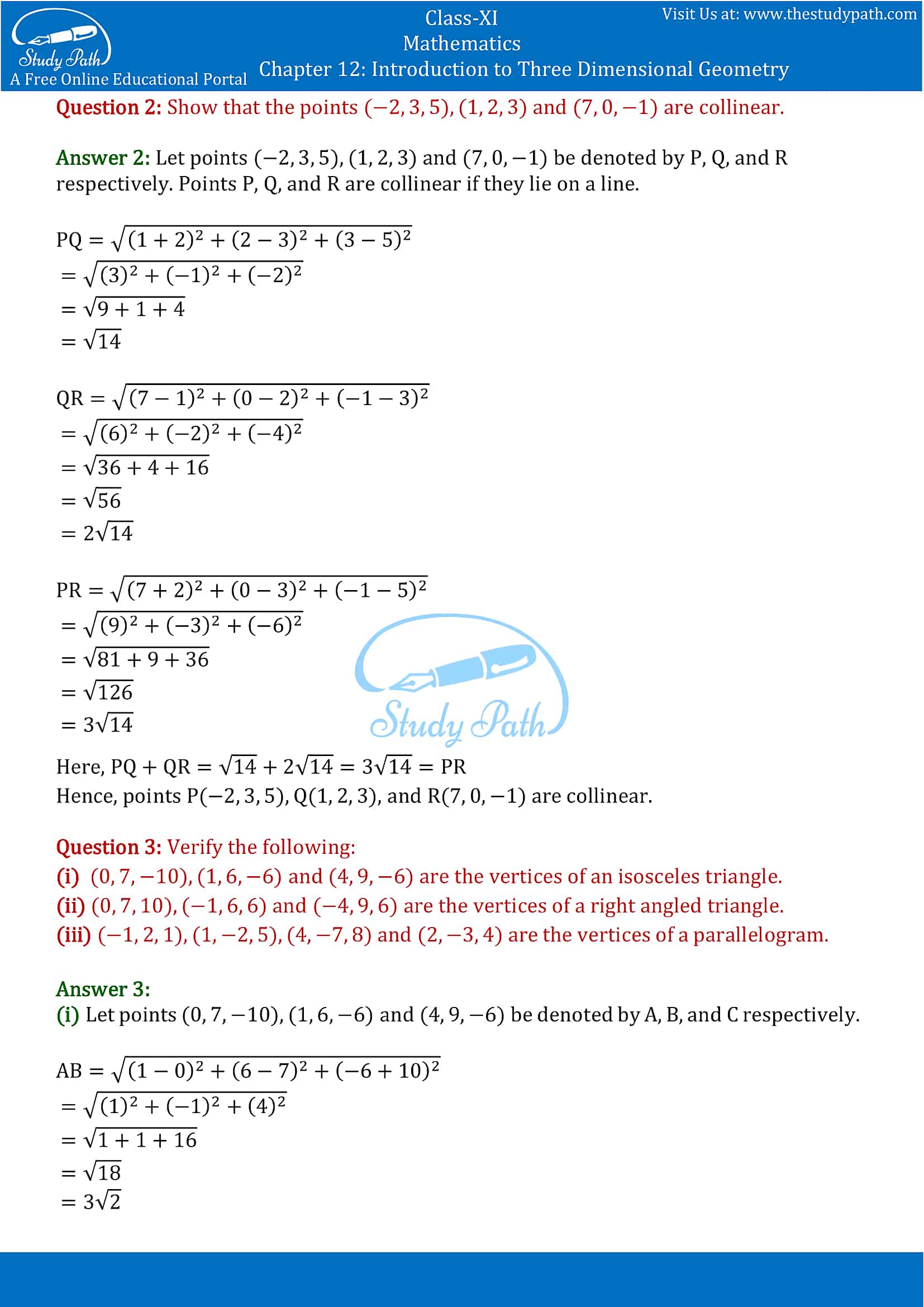 NCERT Solutions for Class 11 Maths chapter 12 Introduction to Three Dimensional Geometry Part-3