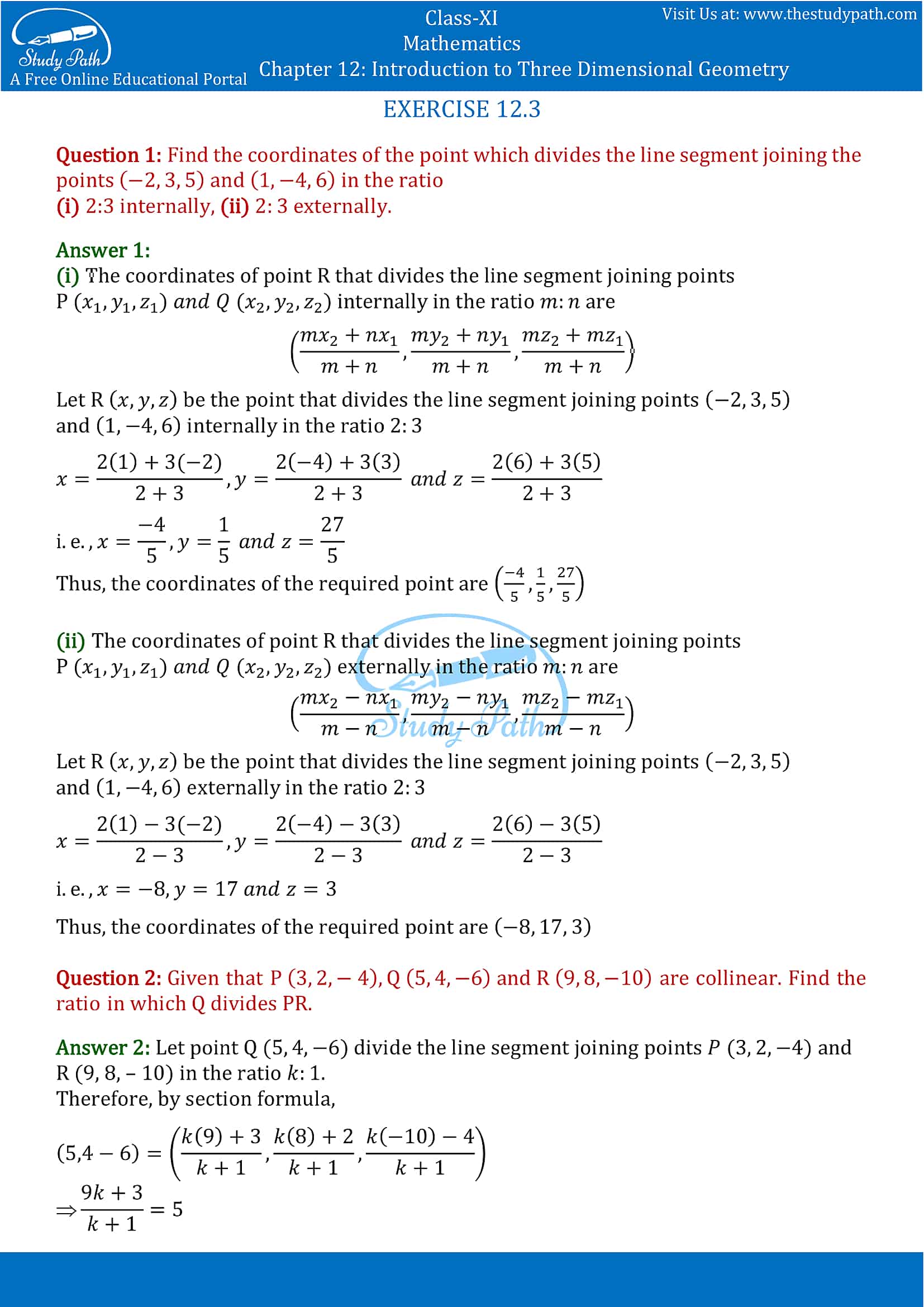 NCERT Solutions for Class 11 Maths chapter 12 Introduction to Three Dimensional Geometry Part-7