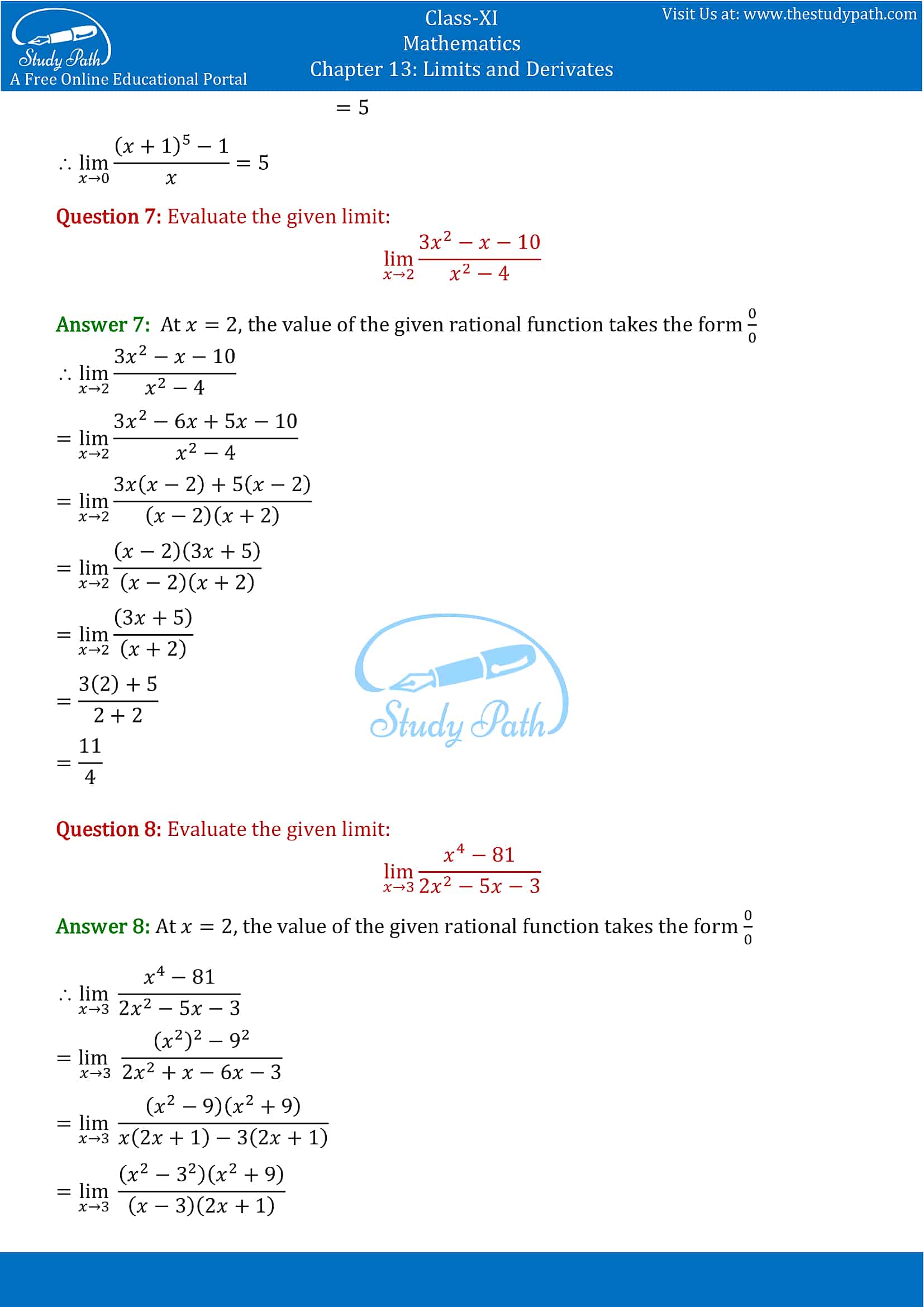 NCERT Solutions for Class 11 Maths chapter 13 Limits and Derivatives Exercise 13.1 Part-2