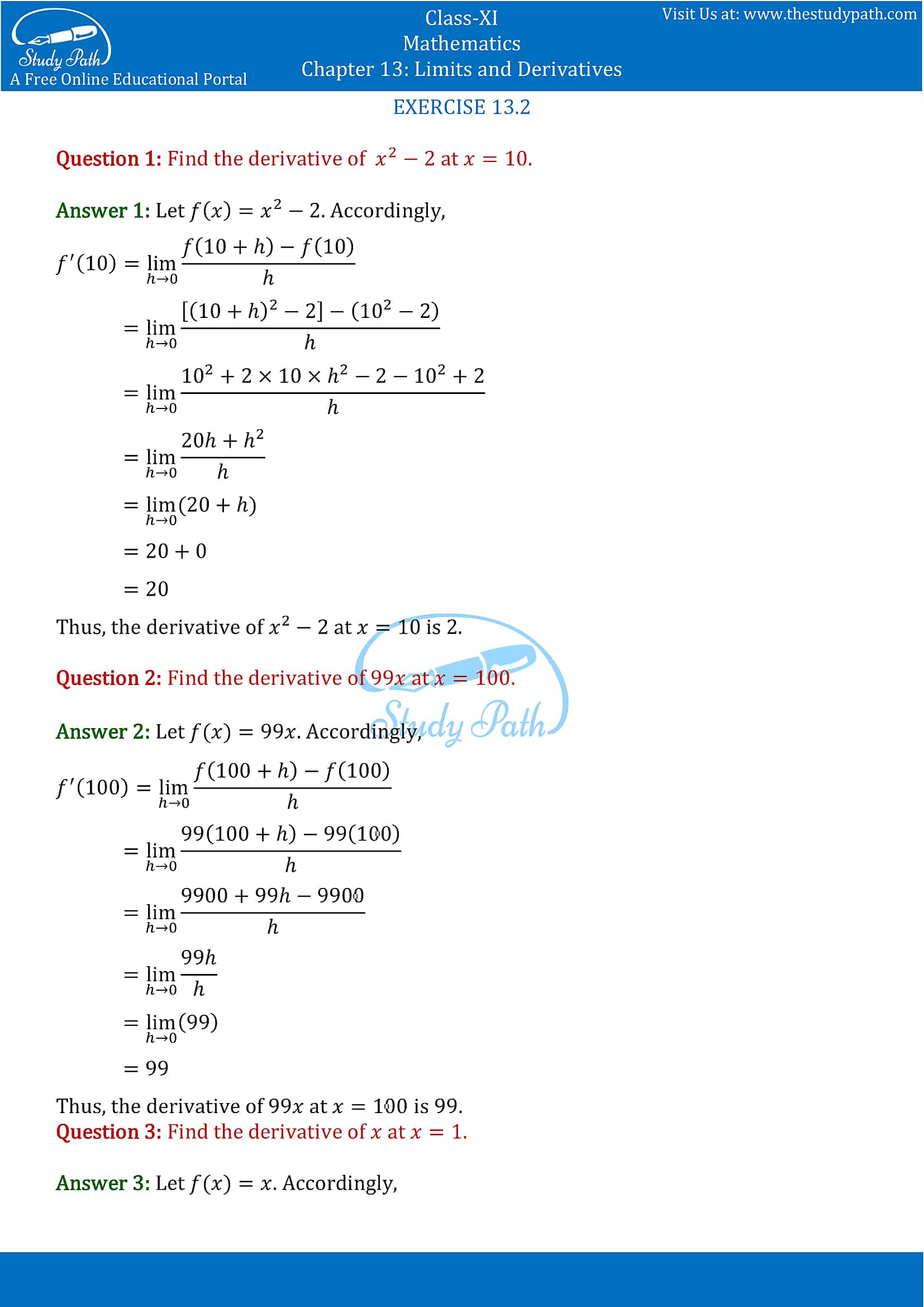 NCERT Solutions for Class 11 Maths chapter 13 Limits and Derivatives Exercise 13.2 Part-1