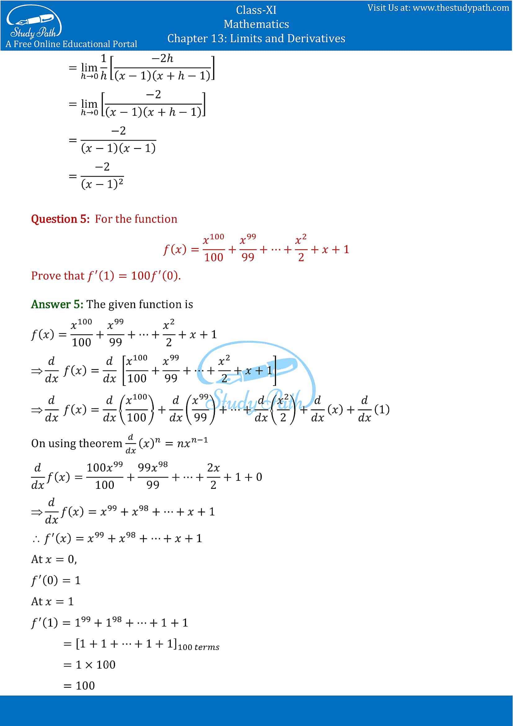 NCERT Solutions for Class 11 Maths chapter 13 Limits and Derivatives Exercise 13.2 Part-4