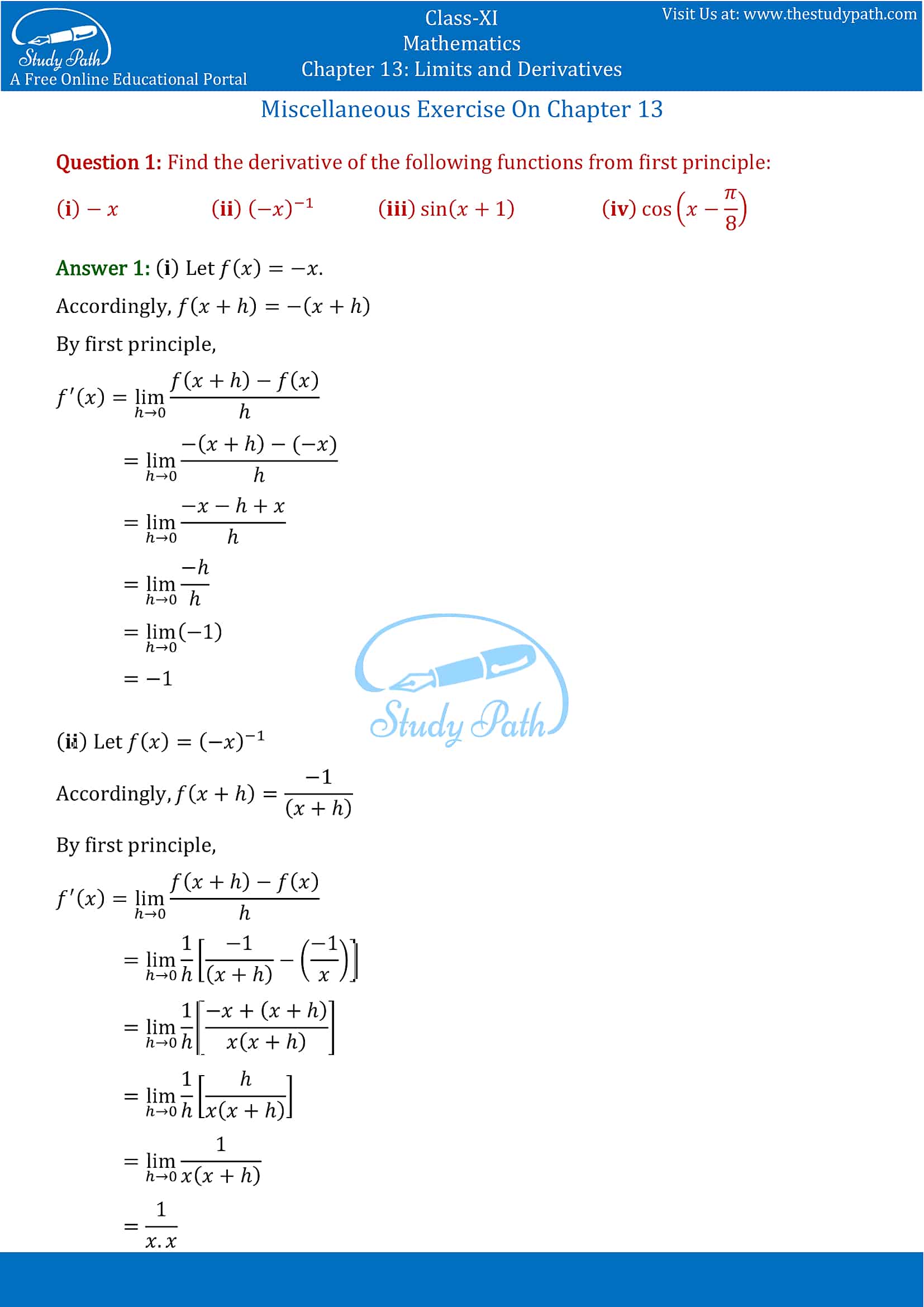 NCERT Solutions for Class 11 Maths chapter 13 Limits and Derivatives Miscellaneous Exercise Part-1