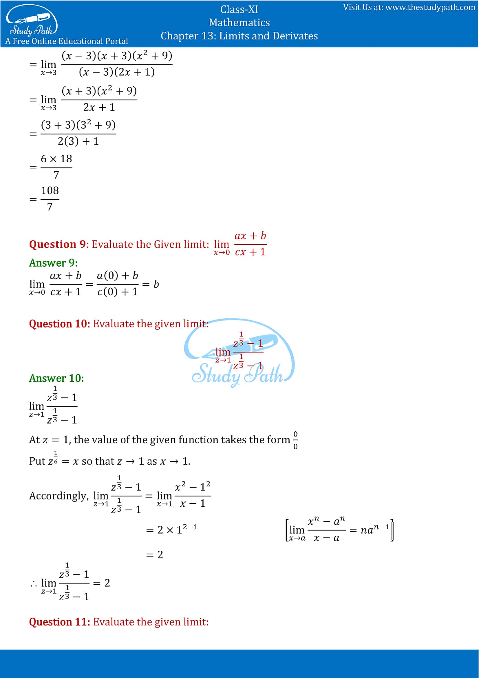 NCERT Solutions for Class 11 Maths chapter 13 Limits and Derivatives Part-3