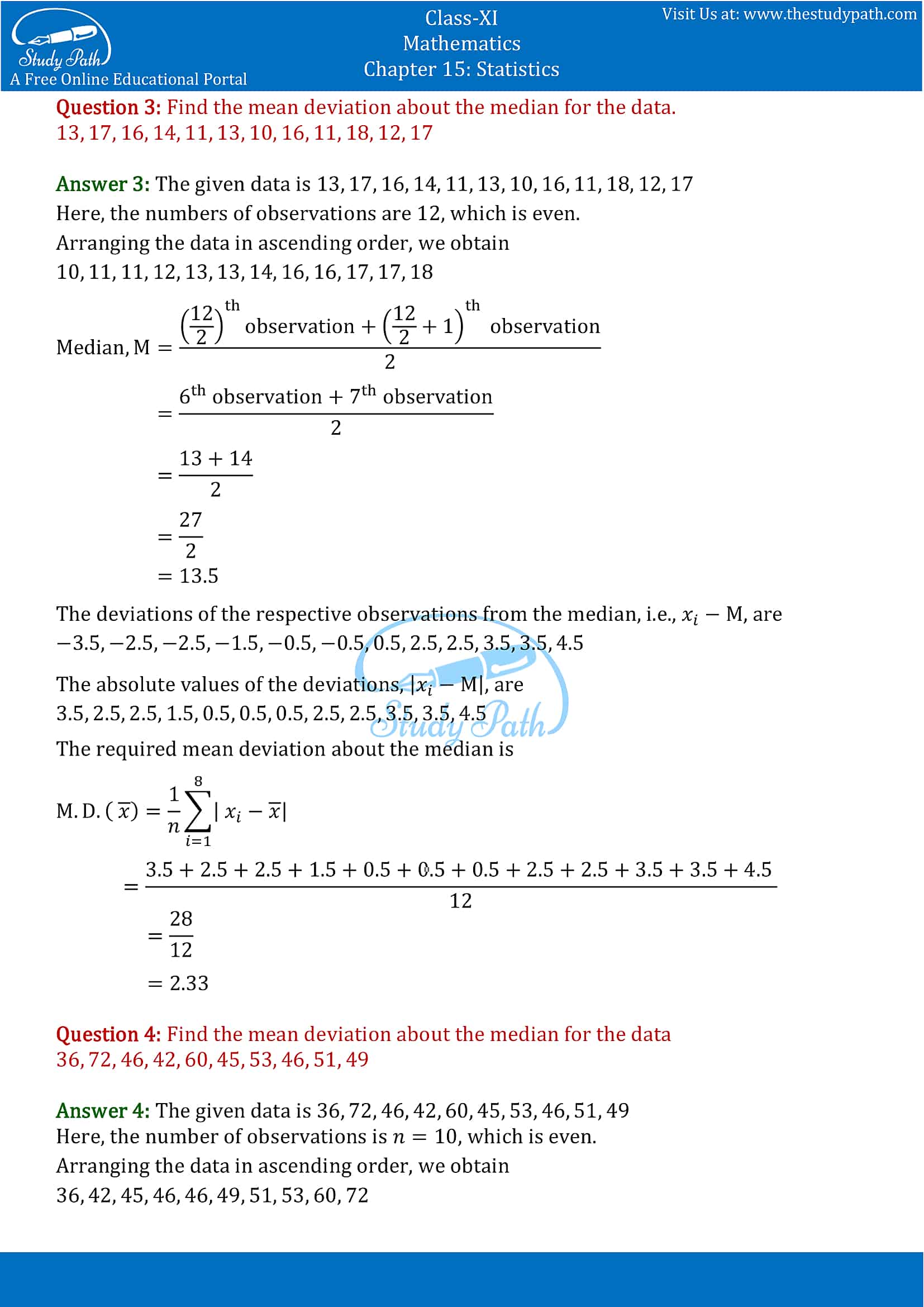 NCERT Solutions for Class 11 Maths chapter 15 Statistics Exercise 15.1 part-2