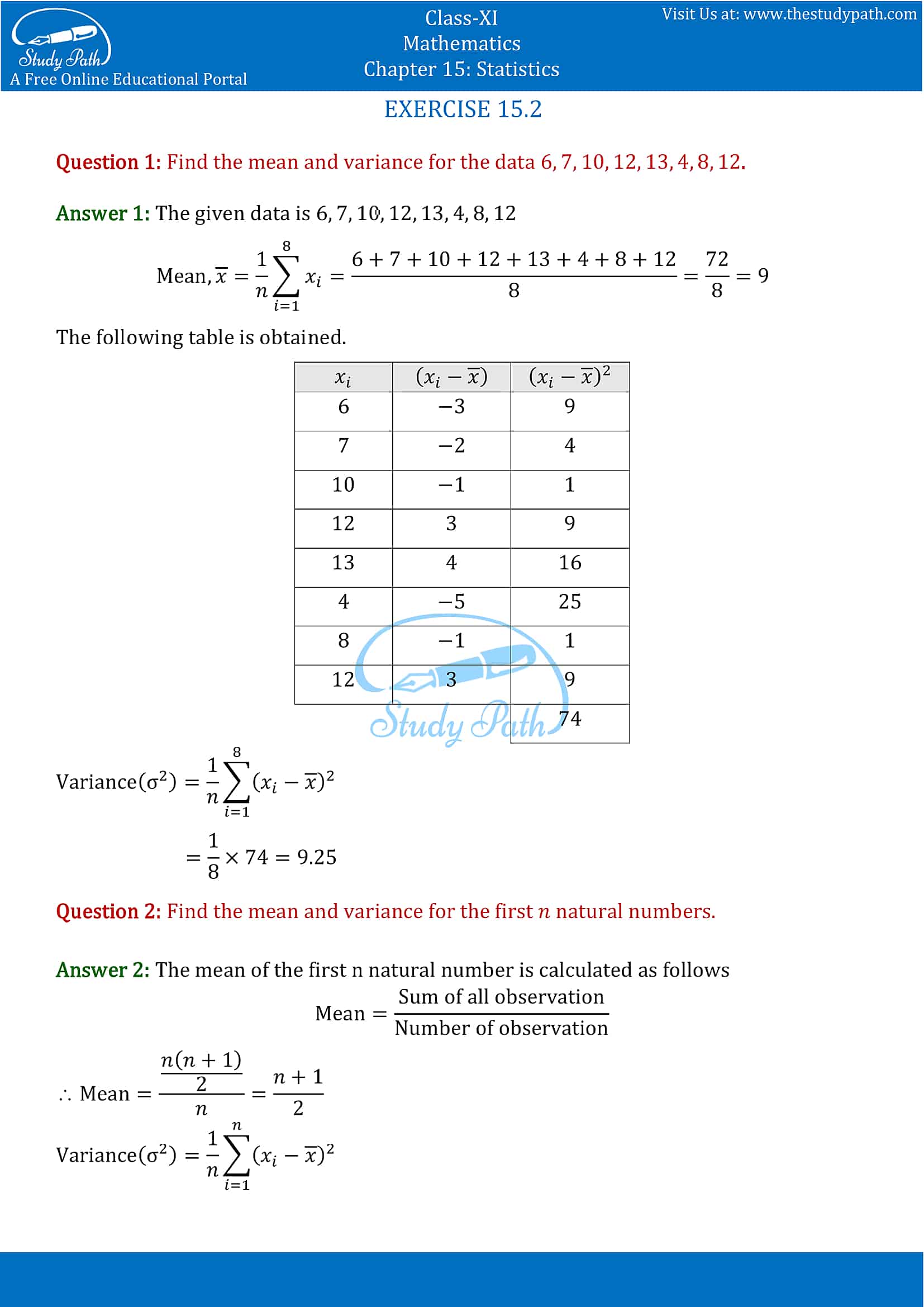 NCERT Solutions for Class 11 Maths chapter 15 Statistics Exercise 15.2 part-1