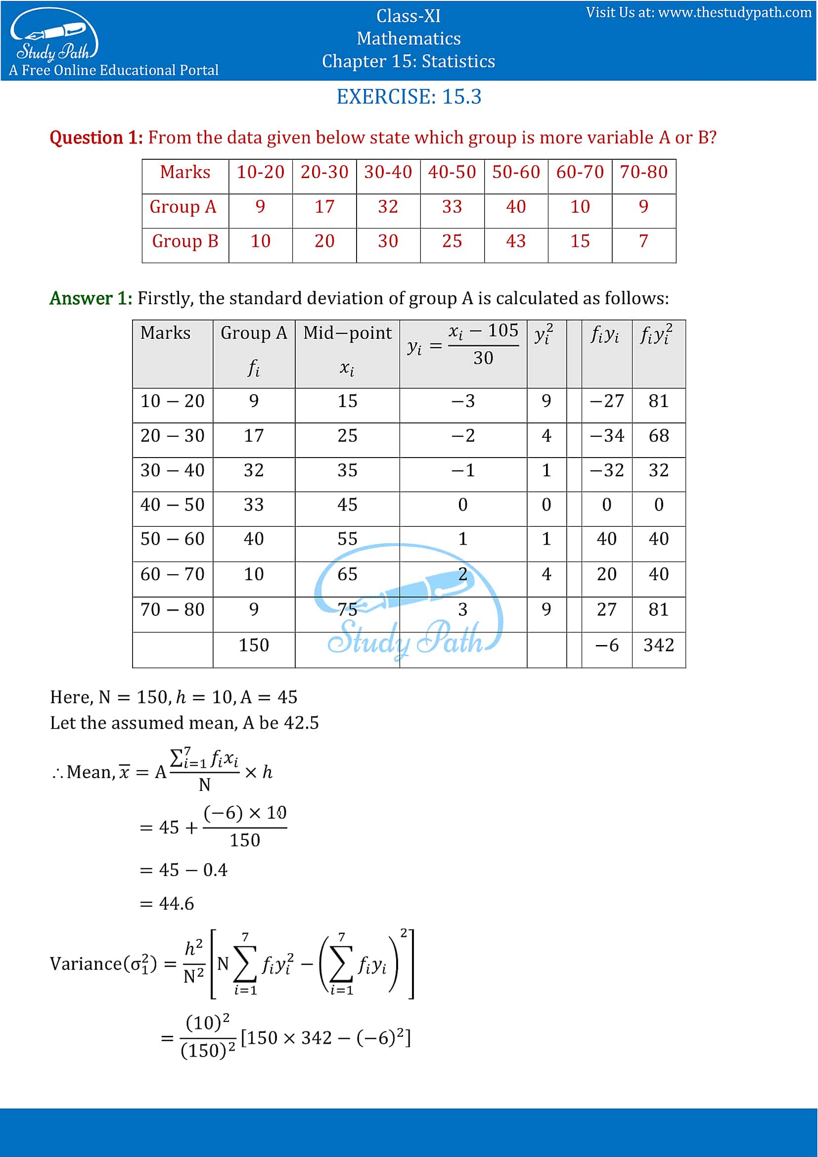 NCERT Solutions for Class 11 Maths chapter 15 Statistics Exercise 15.3 part-1