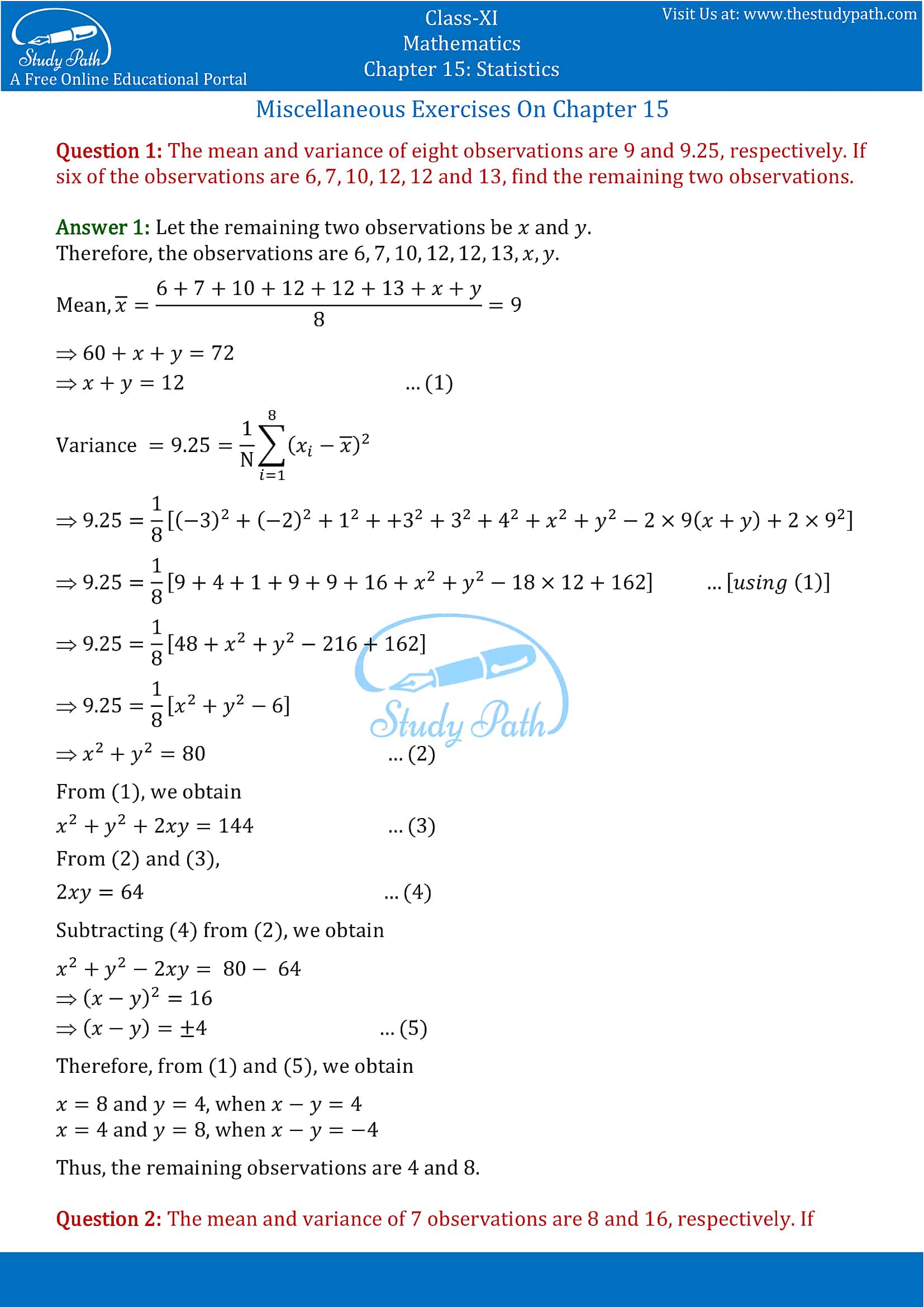 NCERT Solutions for Class 11 Maths chapter 15 Statistics Miscellaneous Exercise part-1