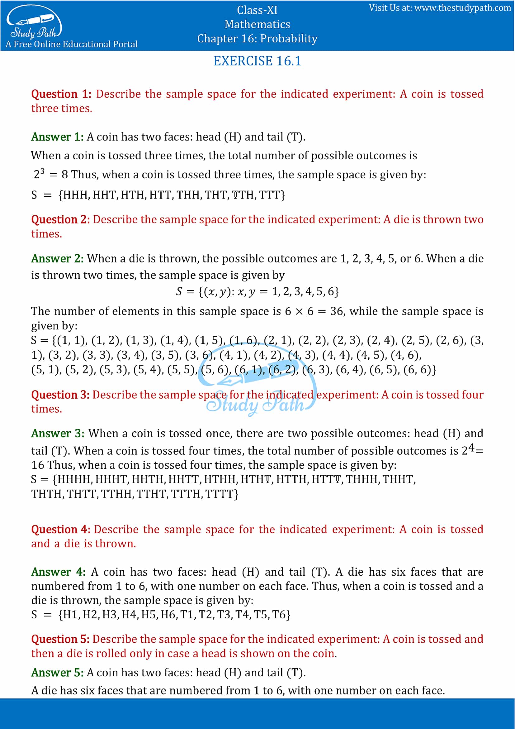NCERT Solutions for Class 11 Maths chapter 16 Probability Exercise 16.1 part-1