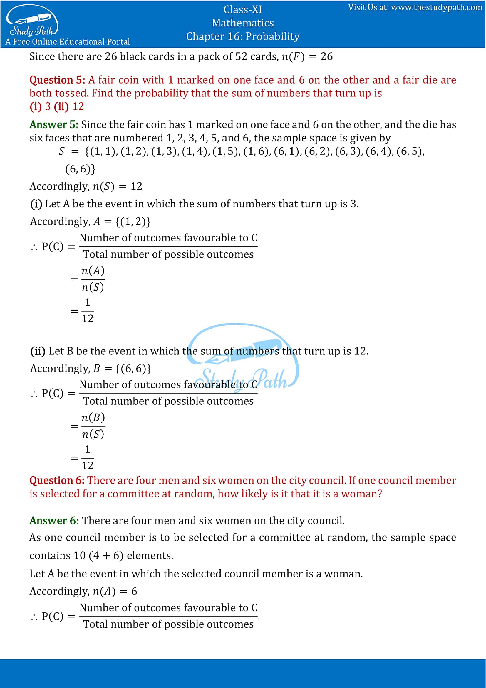 NCERT Solutions for Class 11 Maths chapter 16 Probability Exercise 16.3 part-5