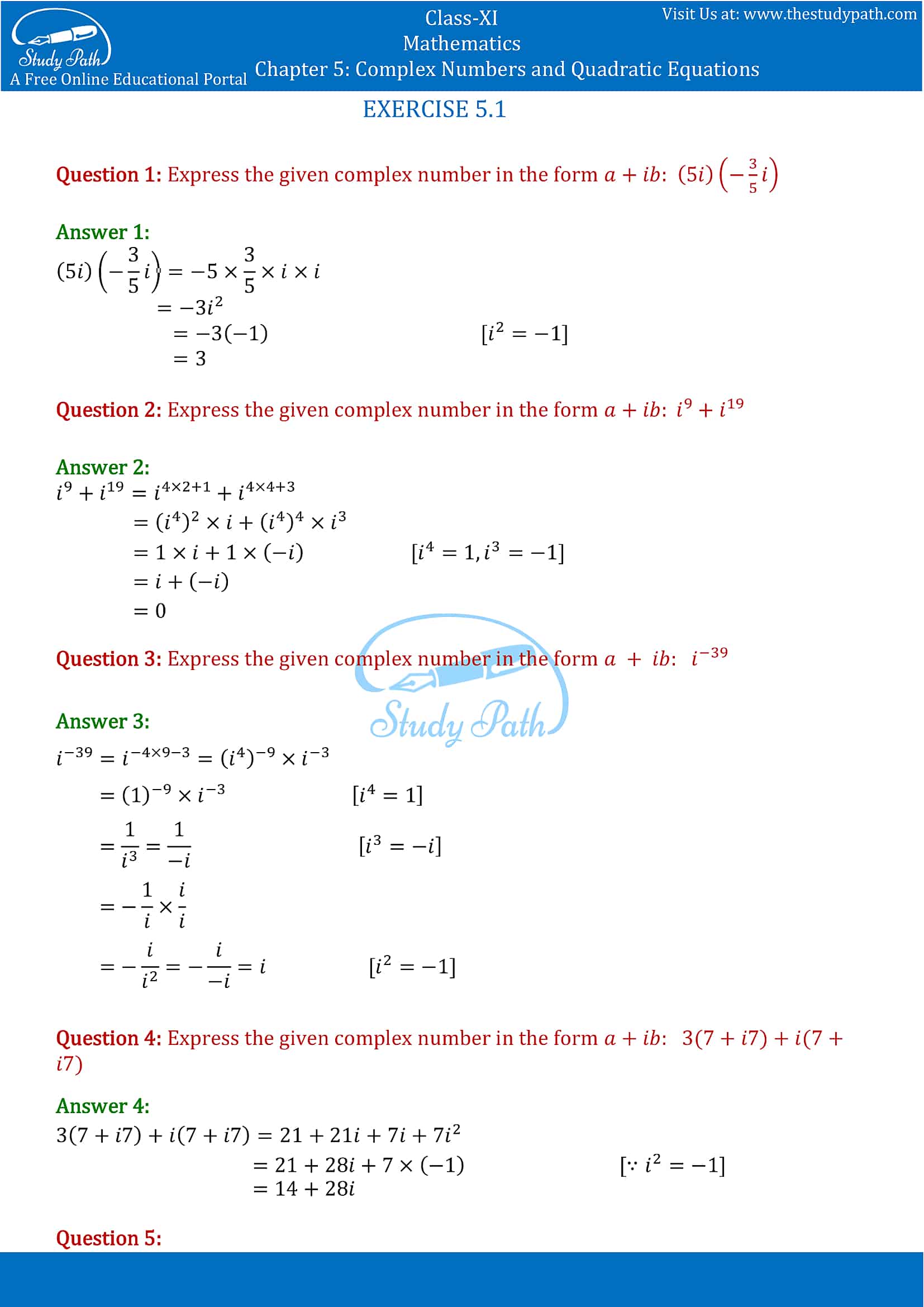 NCERT Solutions for Class 11 Maths chapter 5 Complex Numbers and Quadratic Equations Exercise 5.1 part-1