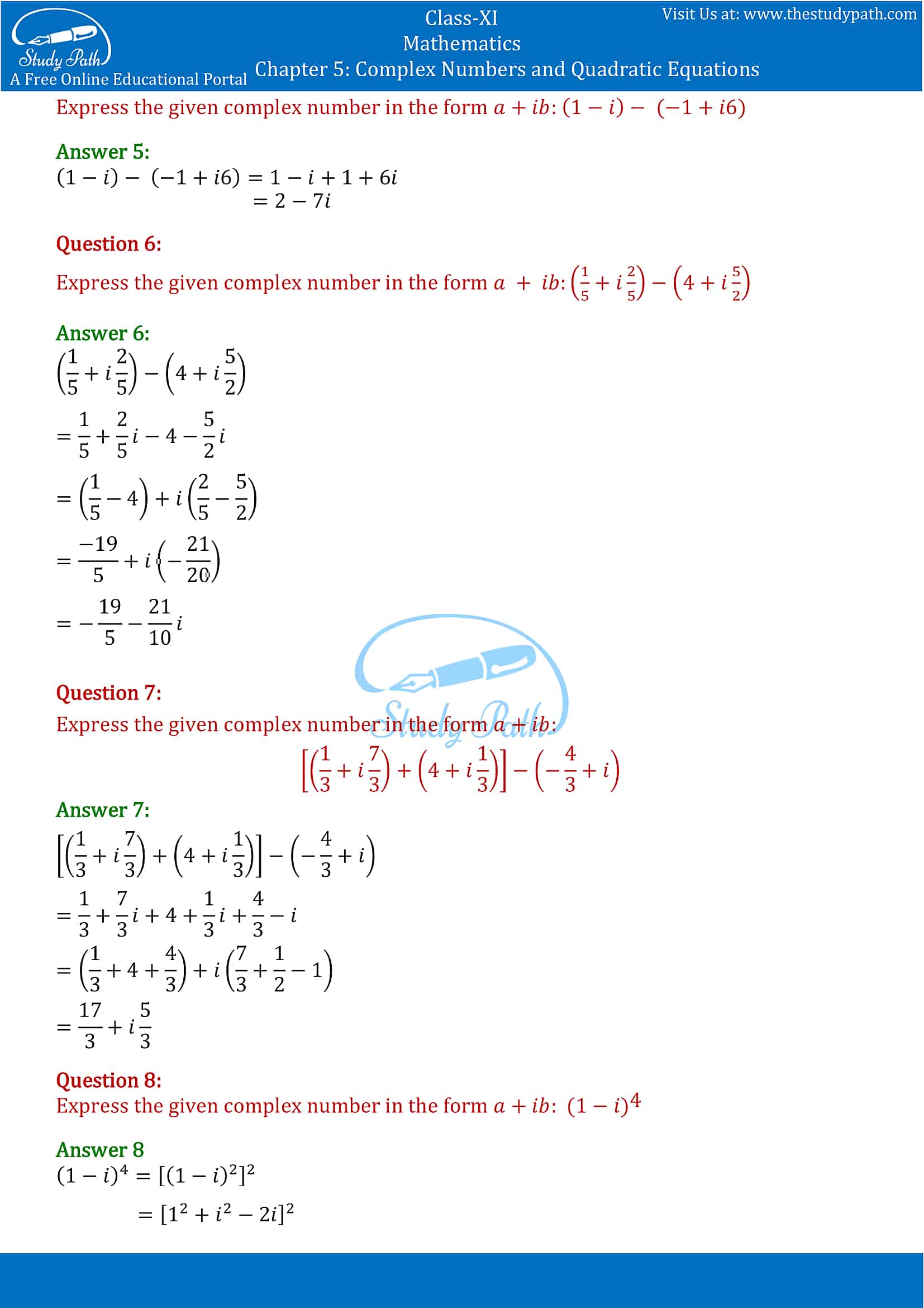 NCERT Solutions for Class 11 Maths chapter 5 Complex Numbers and Quadratic Equations Exercise 5.1 part-2