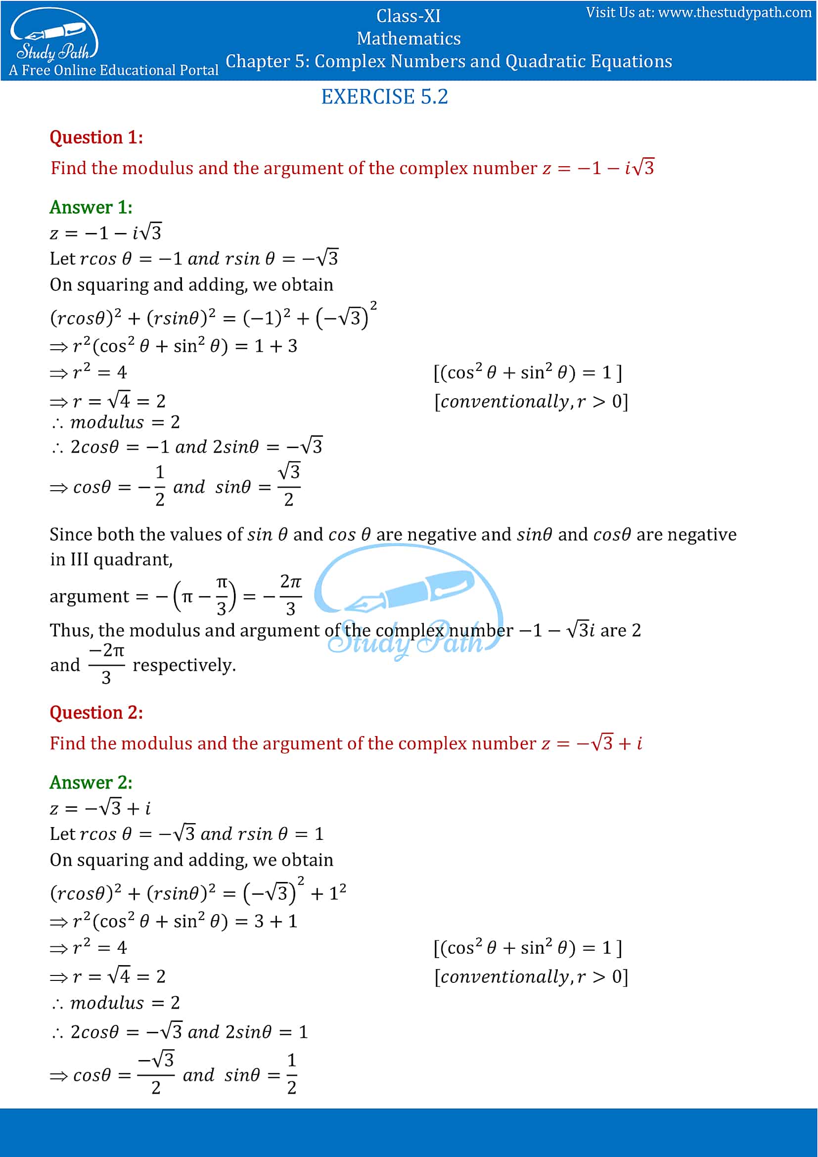NCERT Solutions for Class 11 Maths chapter 5 Complex Numbers and Quadratic Equations Exercise 5.2 part-1