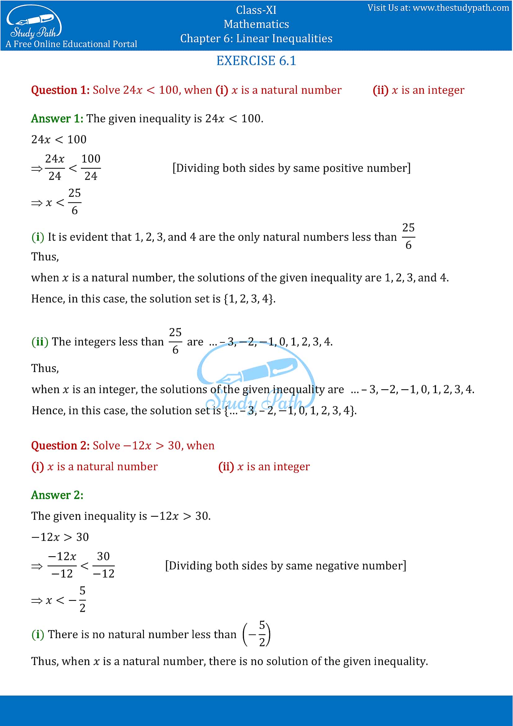 NCERT Solutions for Class 11 Maths chapter 6 Linear Inequalities Exercise 6.1 Part-1