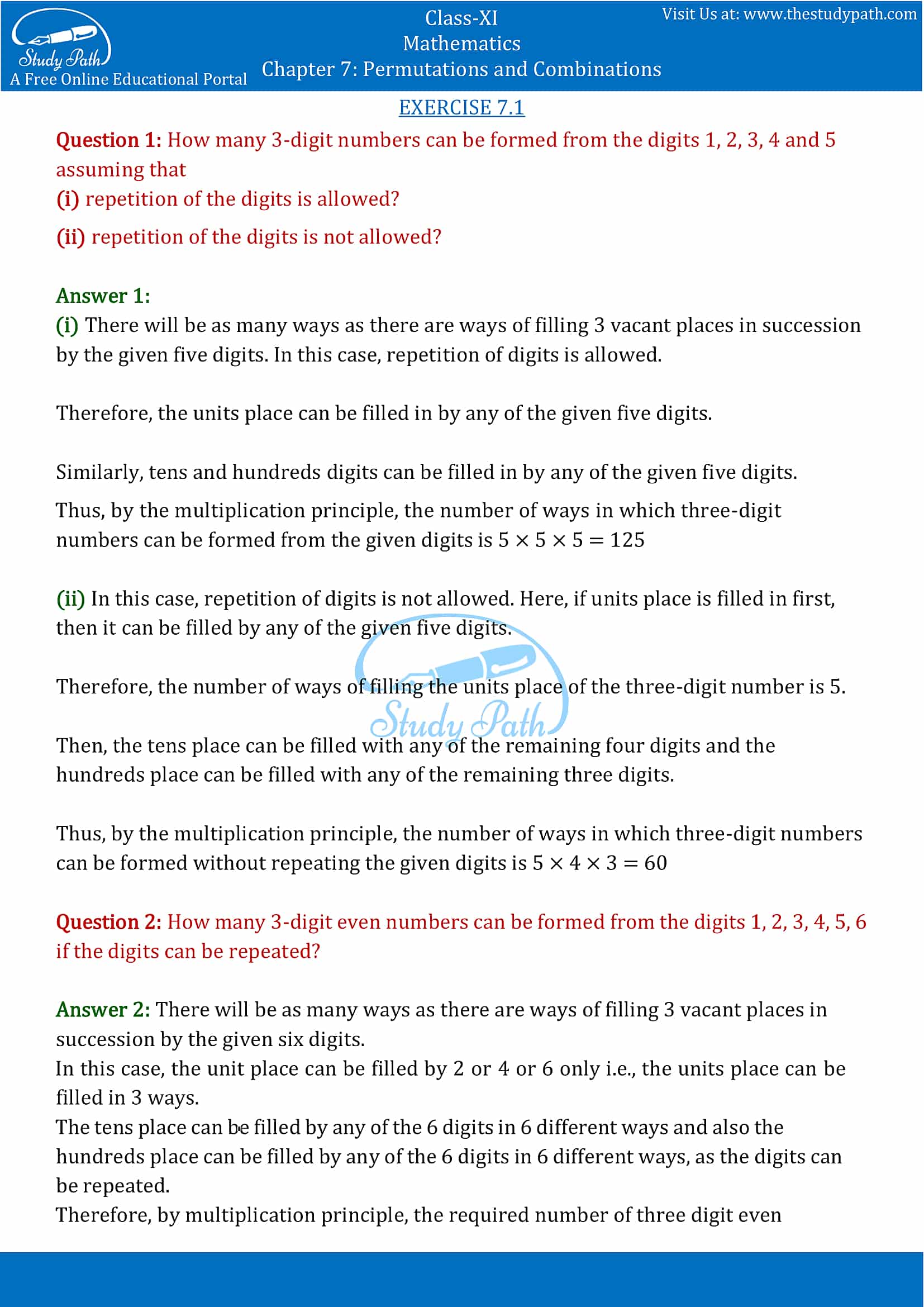 NCERT Solutions for Class 11 Maths chapter 7 Permutations and Combinations part-1