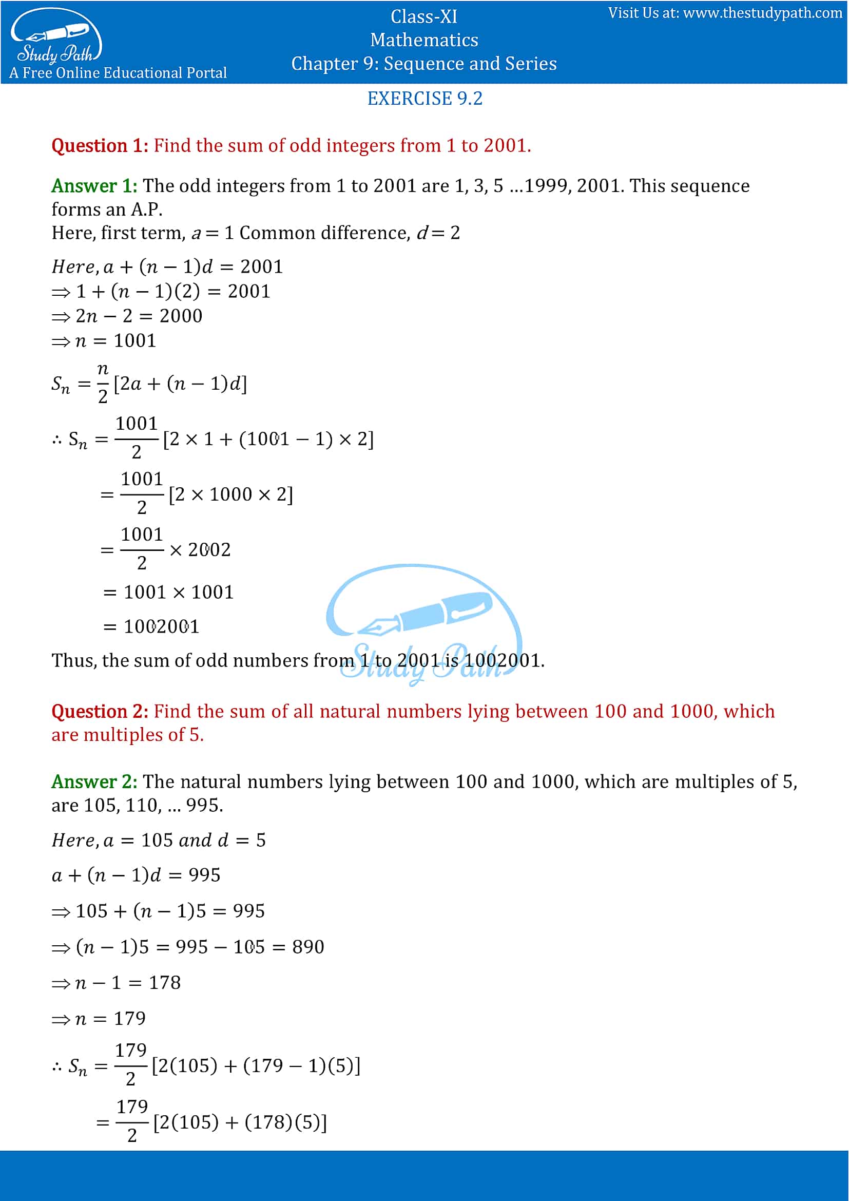 NCERT Solutions for Class 11 Maths chapter 9 Sequence and Series Exercise 9.2 Part-1