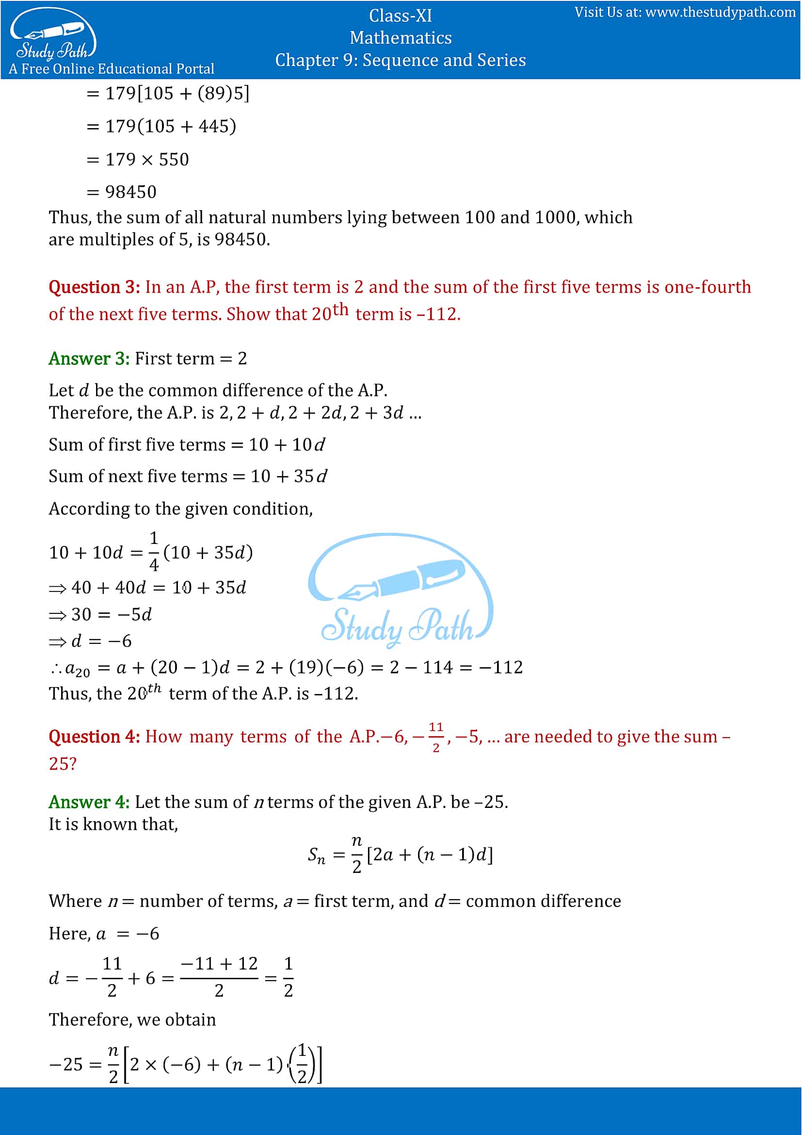 NCERT Solutions for Class 11 Maths chapter 9 Sequence and Series Exercise 9.2 Part-2