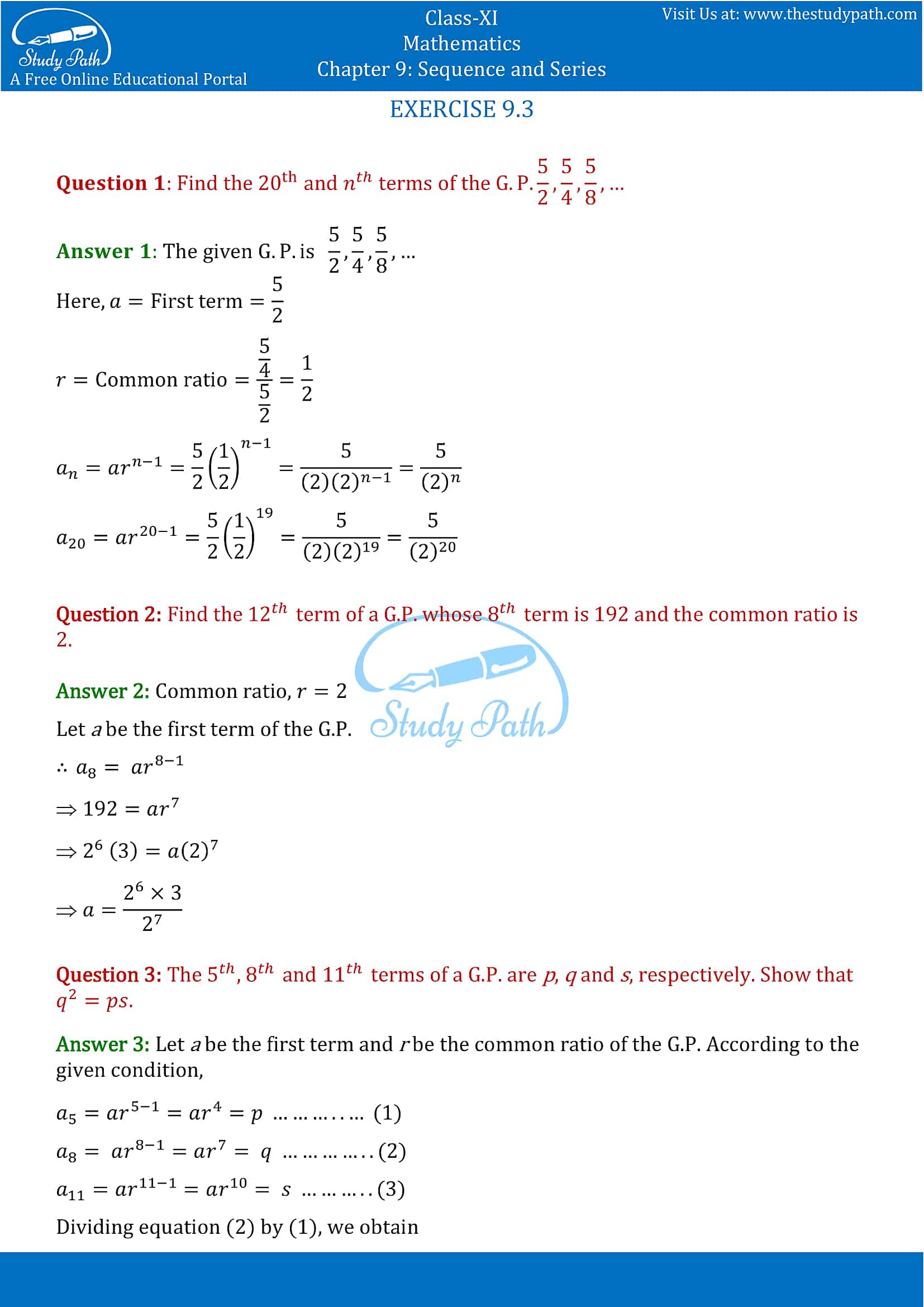 NCERT Solutions for Class 11 Maths chapter 9 Sequence and Series Exercise 9.3 Part-1