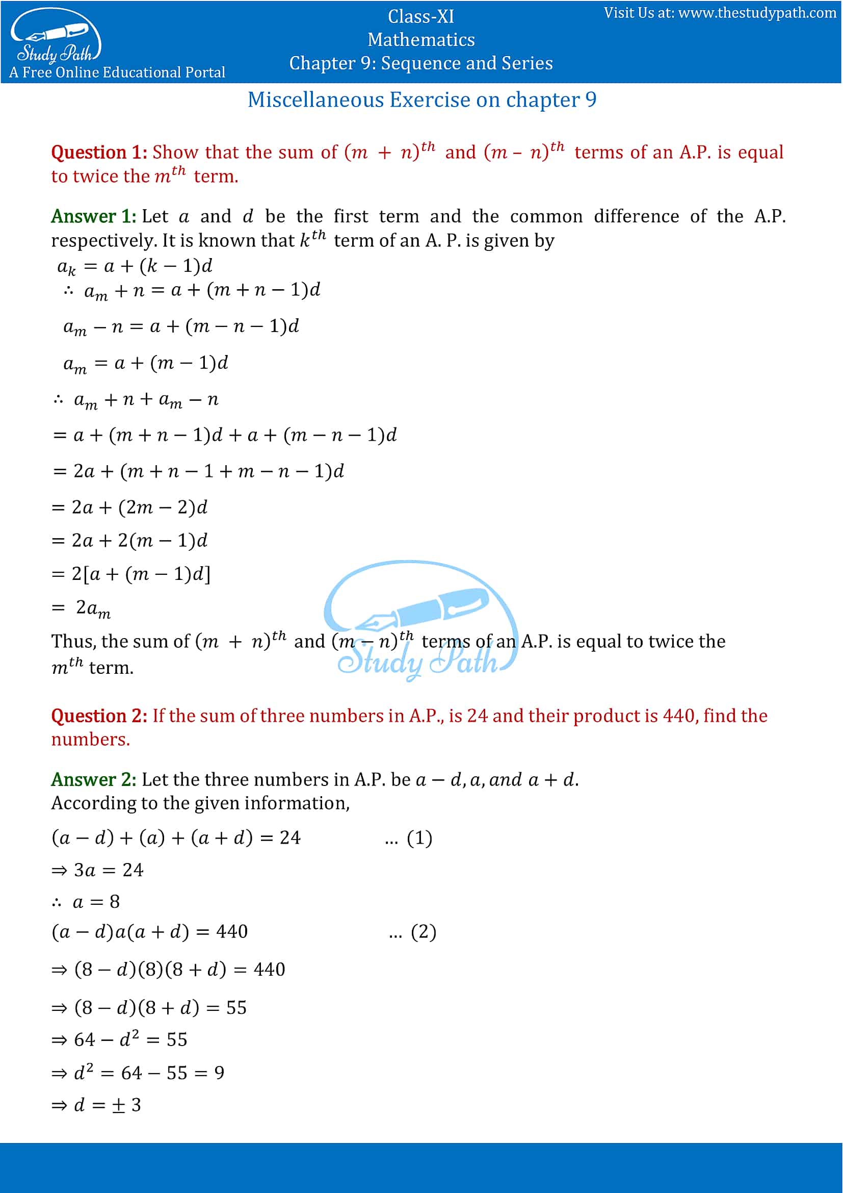 NCERT Solutions for Class 11 Maths chapter 9 Sequence and Series Miscellaneous Exercise Part-1