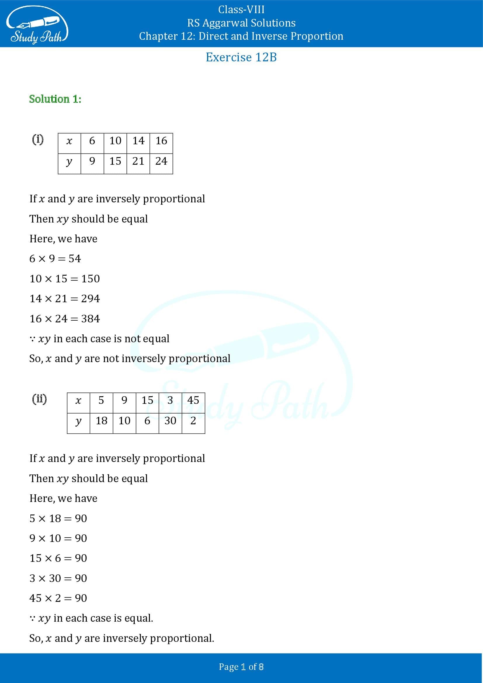 RS Aggarwal Solutions Class 8 Chapter 12 Direct and Inverse Proportion Exercise 12B 00001