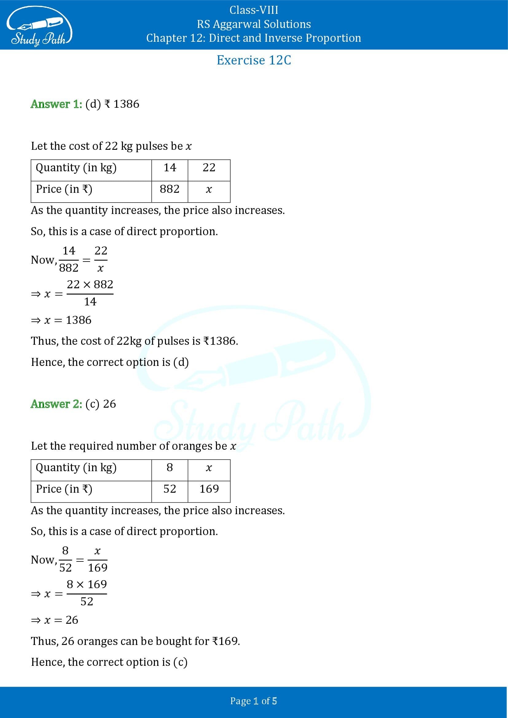 RS Aggarwal Solutions Class 8 Chapter 12 Direct and Inverse Proportion Exercise 12C MCQs 00001