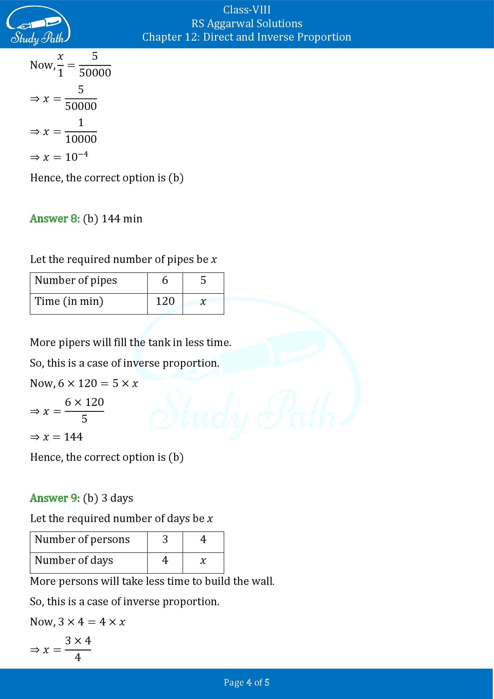 RS Aggarwal Solutions Class 8 Chapter 12 Direct and Inverse Proportion Exercise 12C MCQs 00004