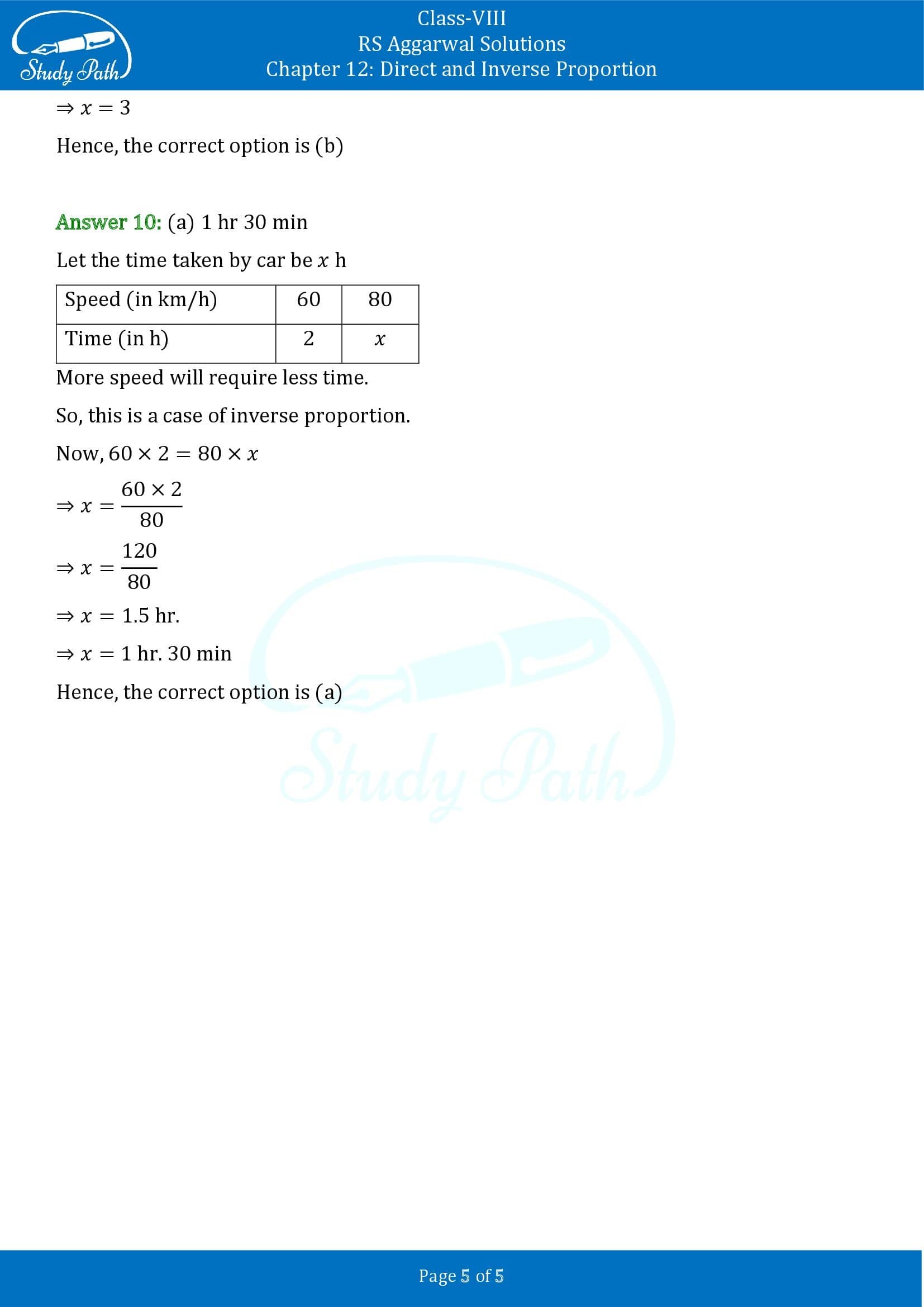 RS Aggarwal Solutions Class 8 Chapter 12 Direct and Inverse Proportion Exercise 12C MCQs 00005