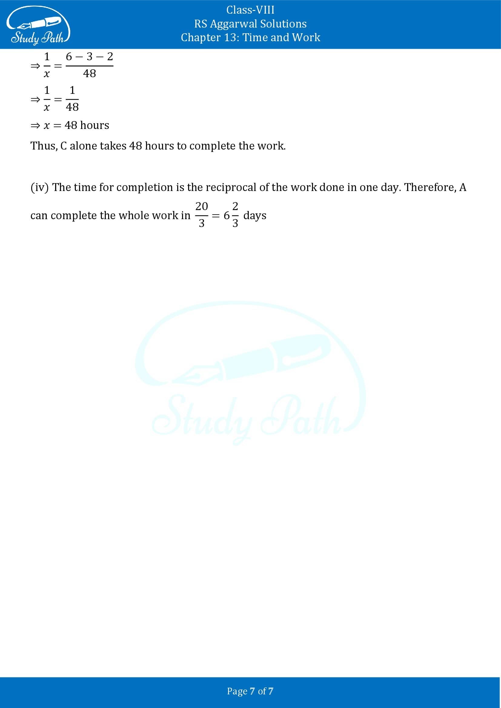 RS Aggarwal Solutions Class 8 Chapter 13 Time and Work Test Paper 00007