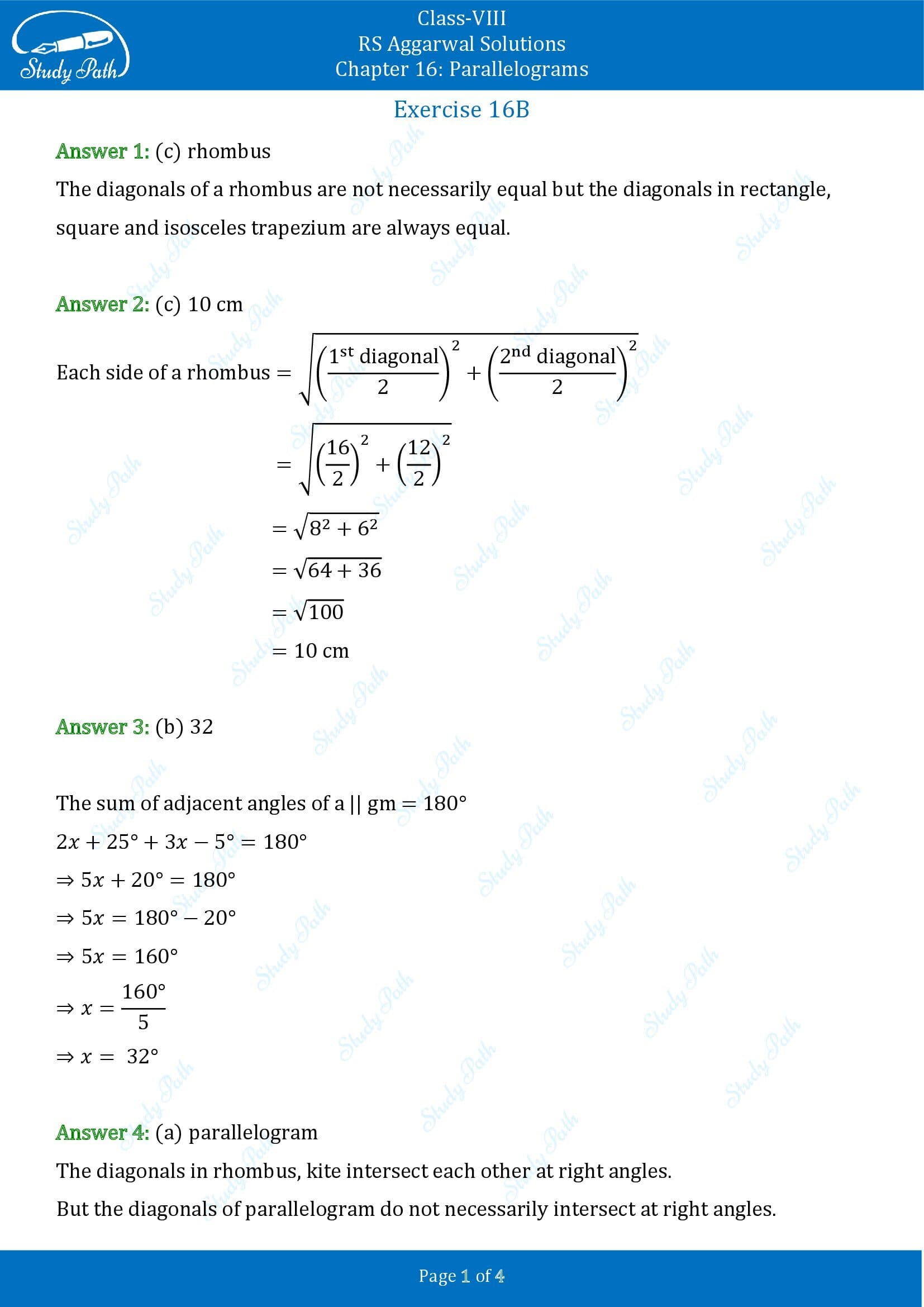 RS Aggarwal Solutions Class 8 Chapter 16 Parallelograms Exercise 16B MCQs 00001