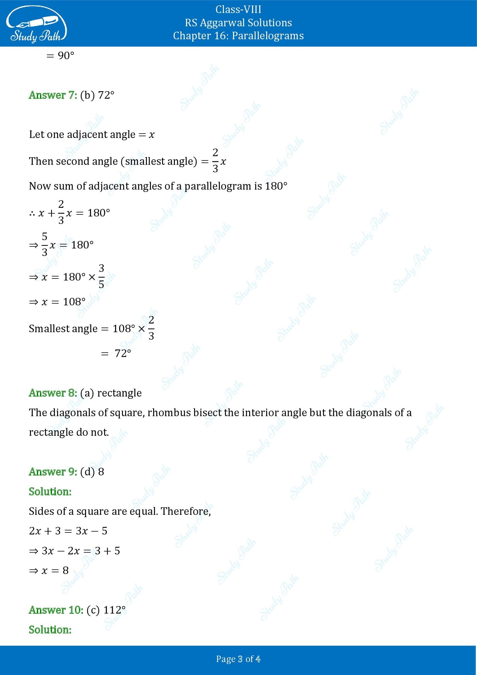 RS Aggarwal Solutions Class 8 Chapter 16 Parallelograms Exercise 16B MCQs 00003