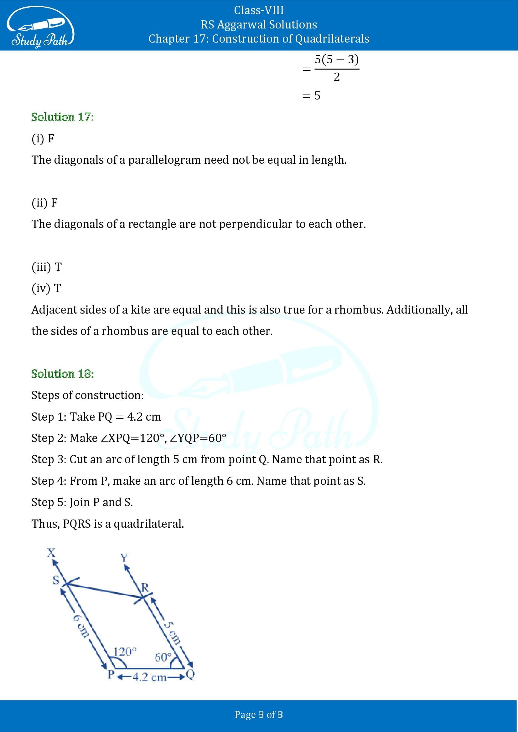 RS Aggarwal Solutions Class 8 Chapter 17 Construction of Quadrilaterals Test Paper 0008