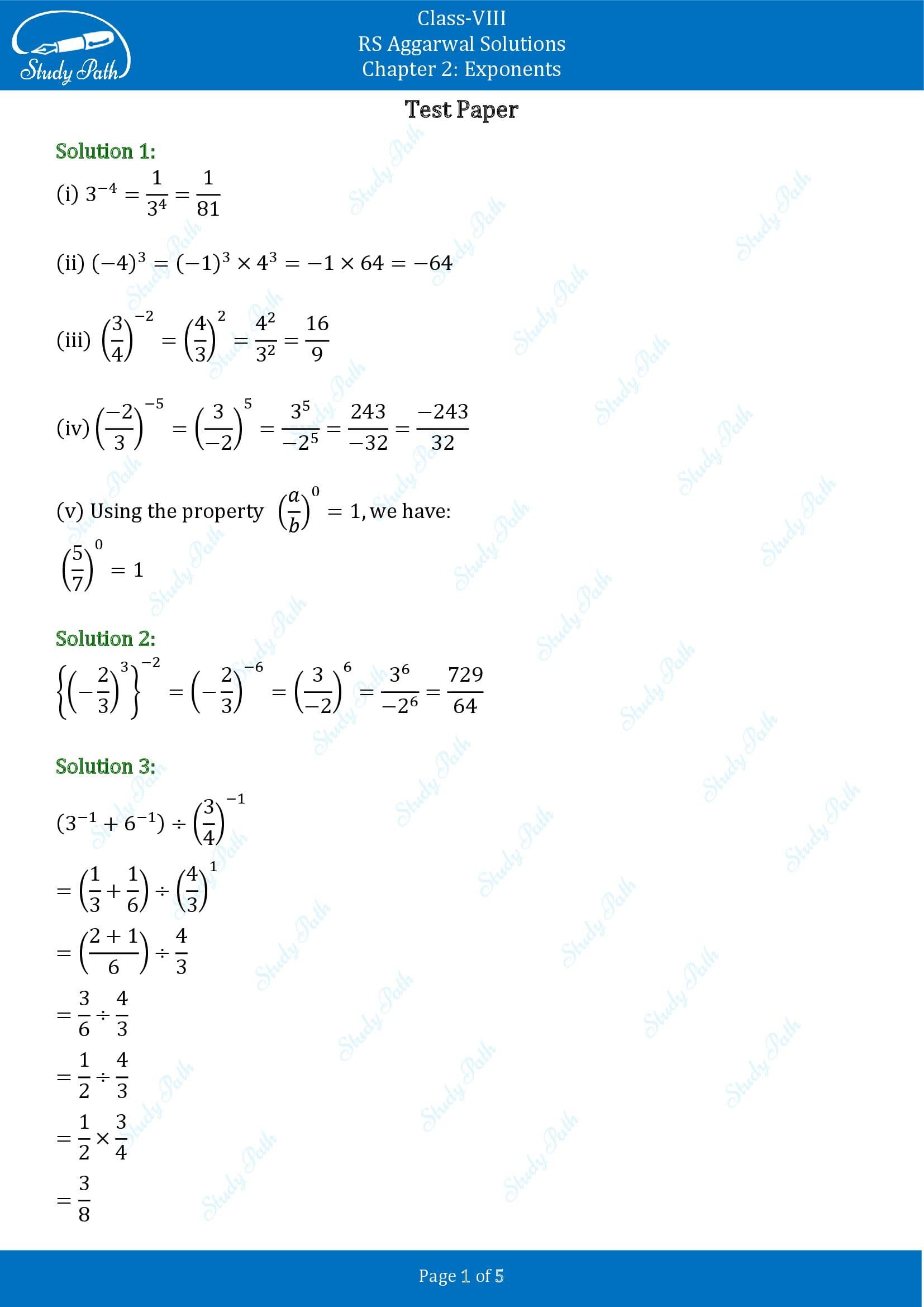 RS Aggarwal Solutions Class 8 Chapter 2 Exponents Test Paper 00001