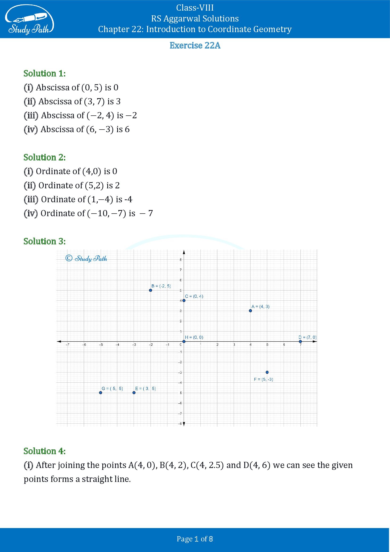 RS Aggarwal Solutions Class 8 Chapter 22 Introduction to Coordinate Geometry Exercise 22A 00001