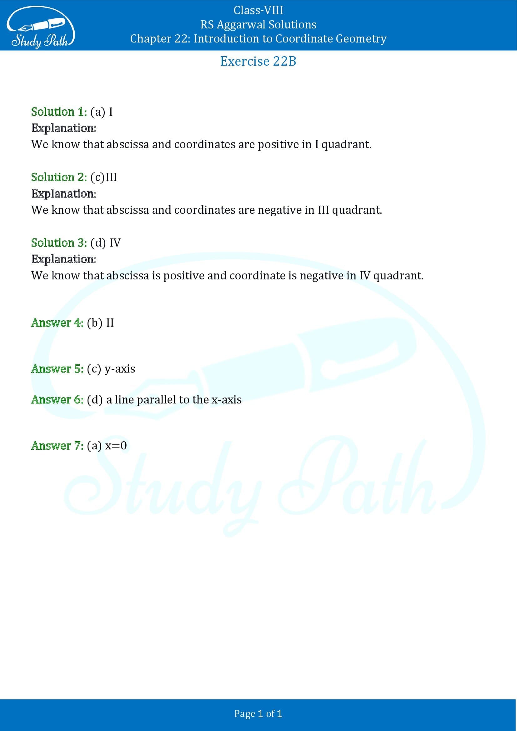 RS Aggarwal Solutions Class 8 Chapter 22 Introduction to Coordinate Geometry Exercise 22B MCQs 1