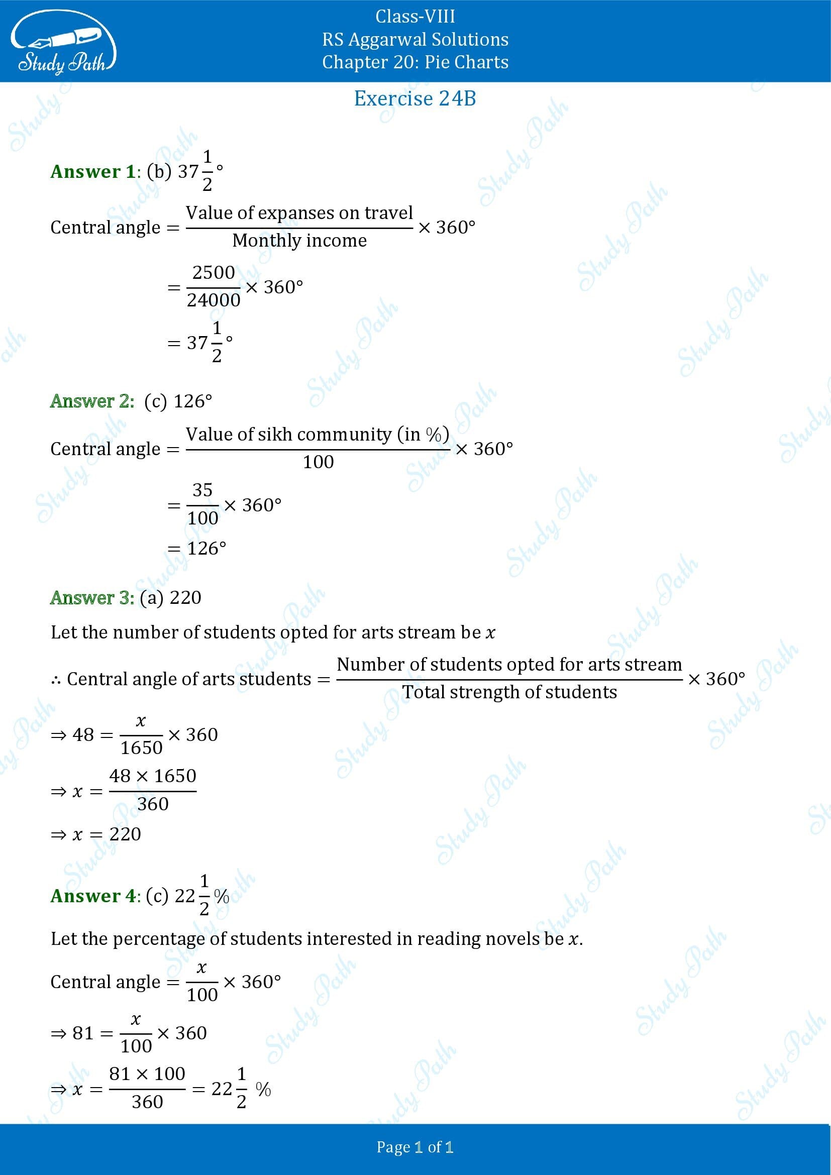 RS Aggarwal Solutions Class 8 Chapter 24 Pie Charts Exercise 24B MCQs 1